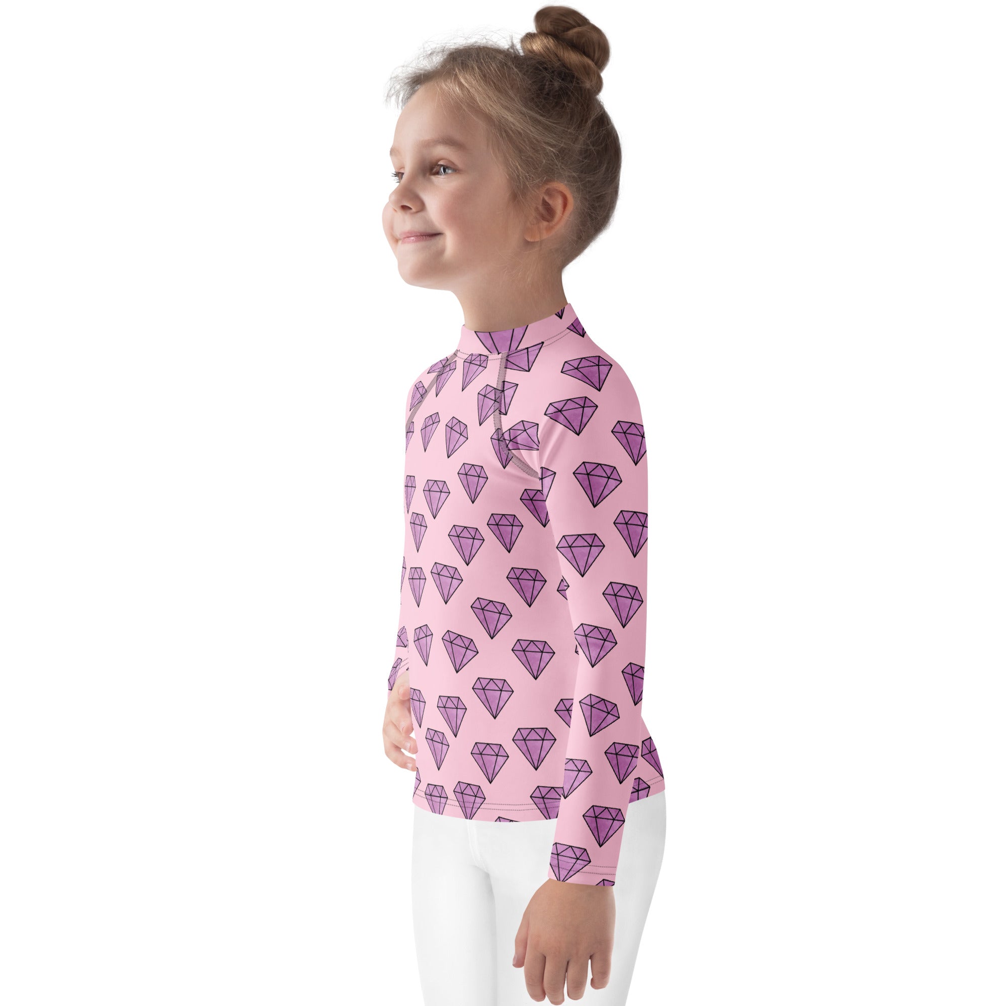 Girls purple diamonds long sleeve rash guard swim shirt in pink with purple diamond pattern and UPF 50 plus protection