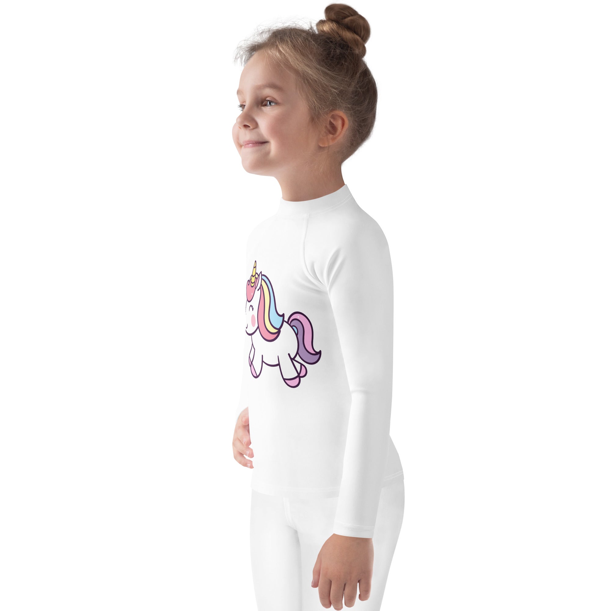 Girls unicorn long sleeve white rash guard swim shirt with colorful cartoon unicorn graphic and UPF 50 plus protection