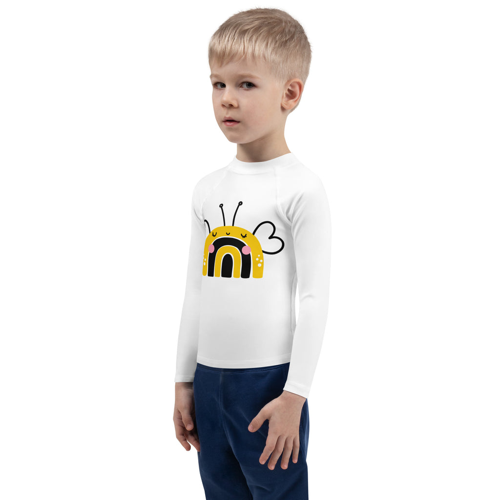 White long sleeve kids rash guard swim shirt with cartoon bee design and upf 50 plus sun protection