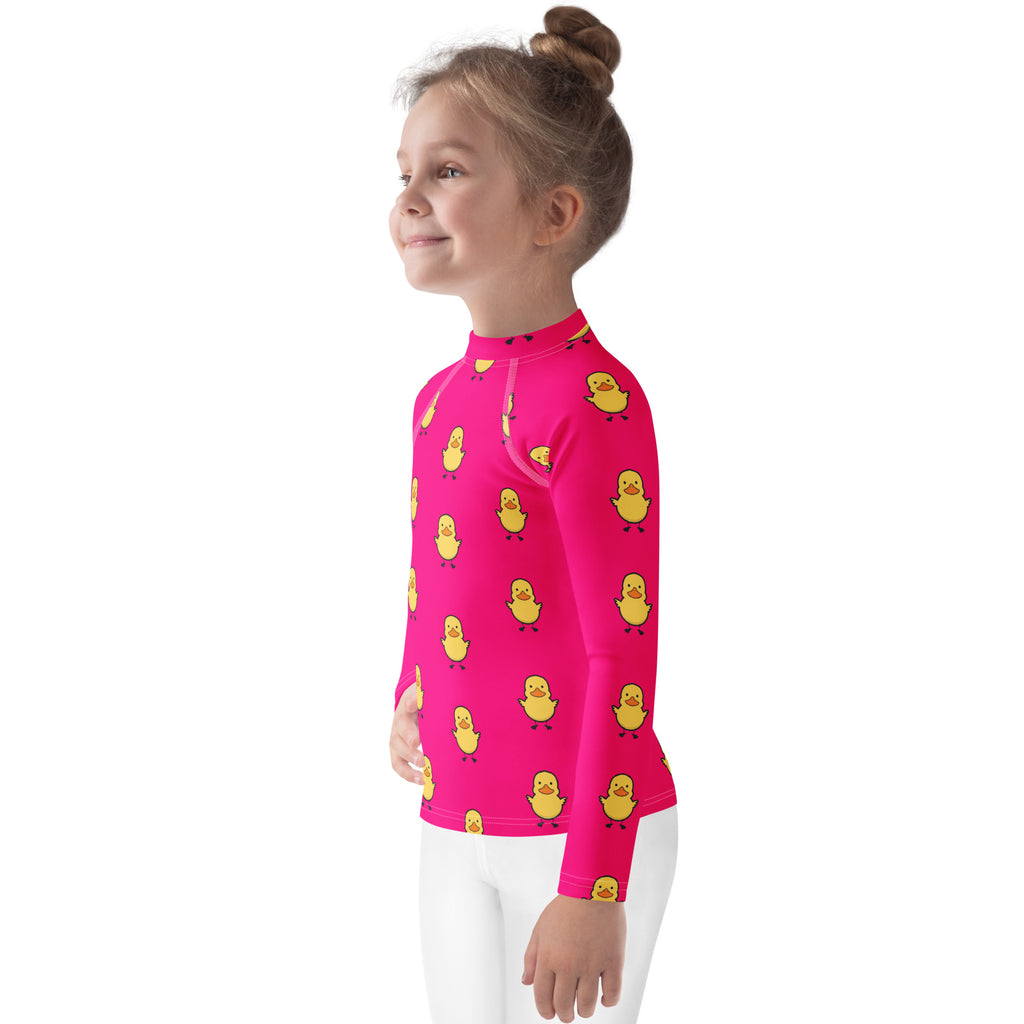 Girls Pink Rubber Duck Long Sleeve Rash Guard Swim Shirt With UPF 50+