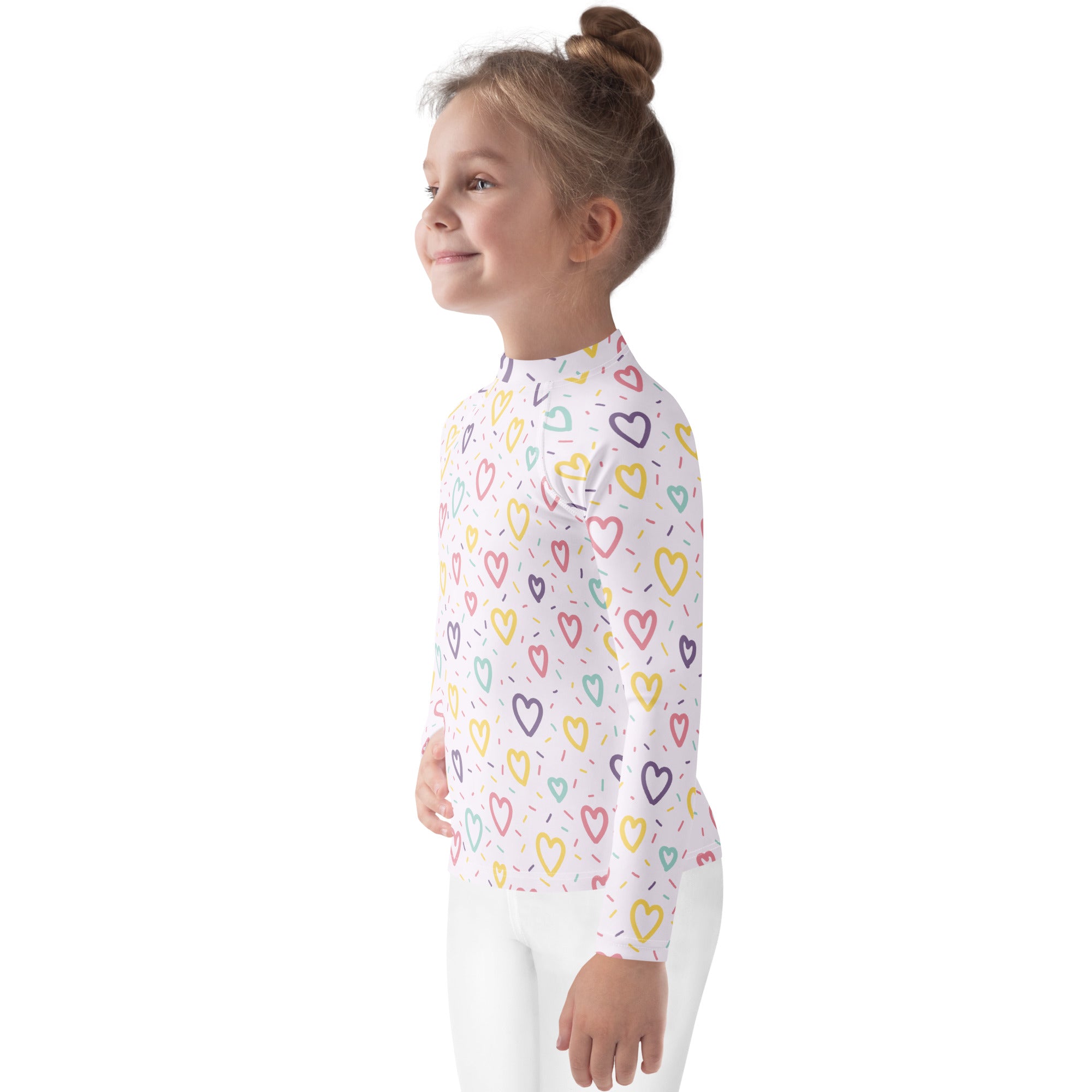 Girls hearts and sprinkles long sleeve rash guard swim shirt white with pastel multicolored heart pattern upf 50+