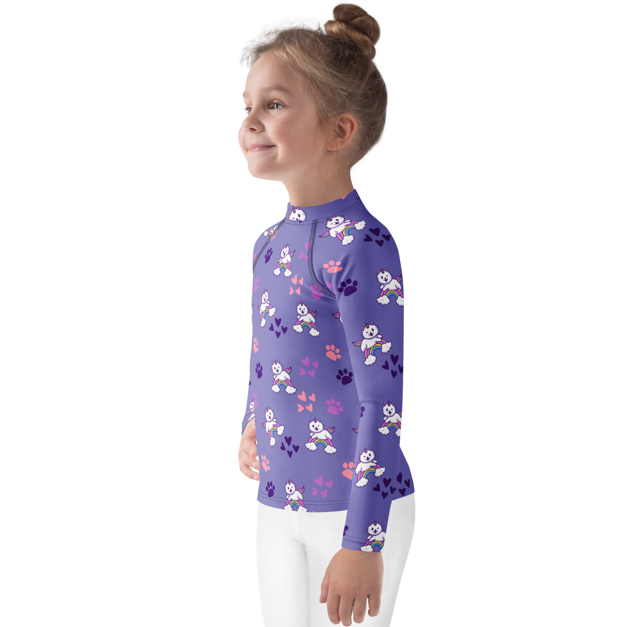 Girls purple long sleeve rash guard swim shirt with UPF 50 plus featuring white cartoon cats rainbows and hearts pattern