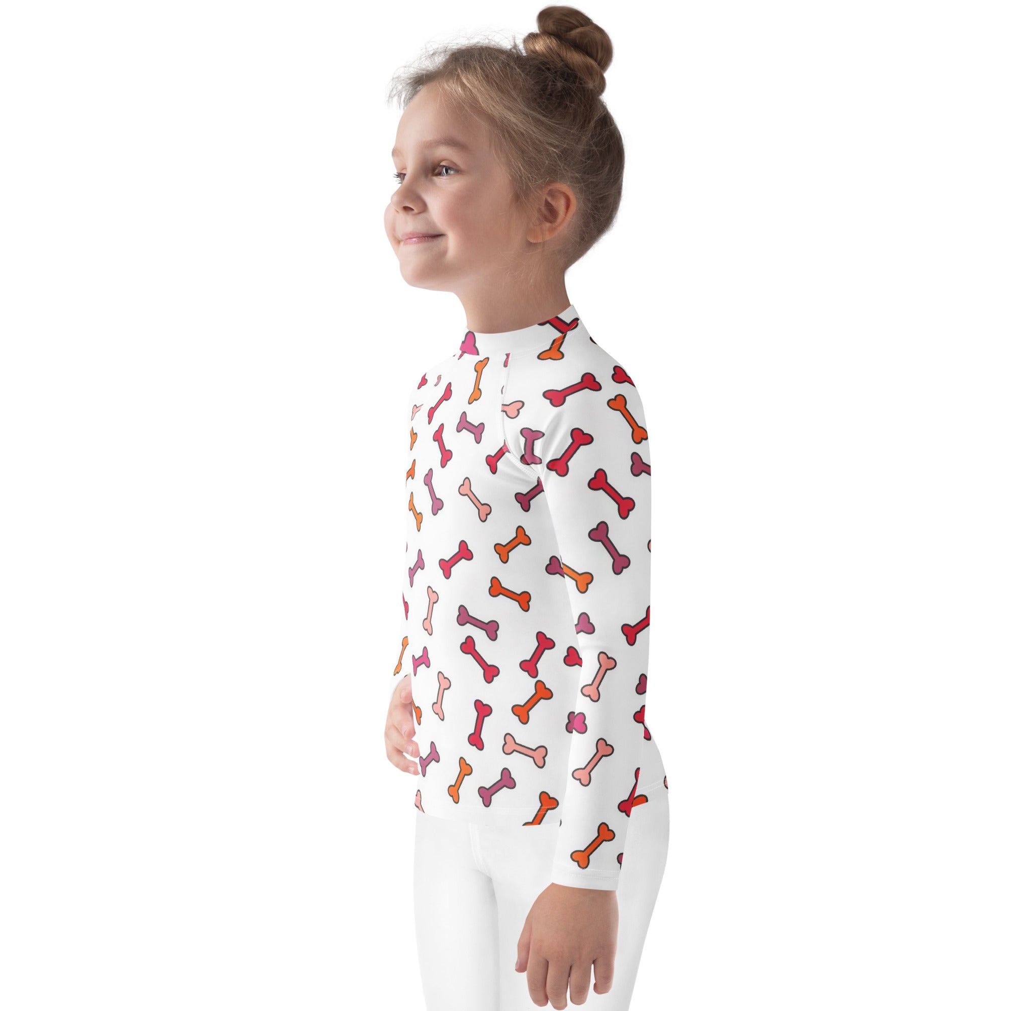 White kids long sleeve rash guard swim shirt with upf 50+ featuring multicolored cartoon bone pattern
