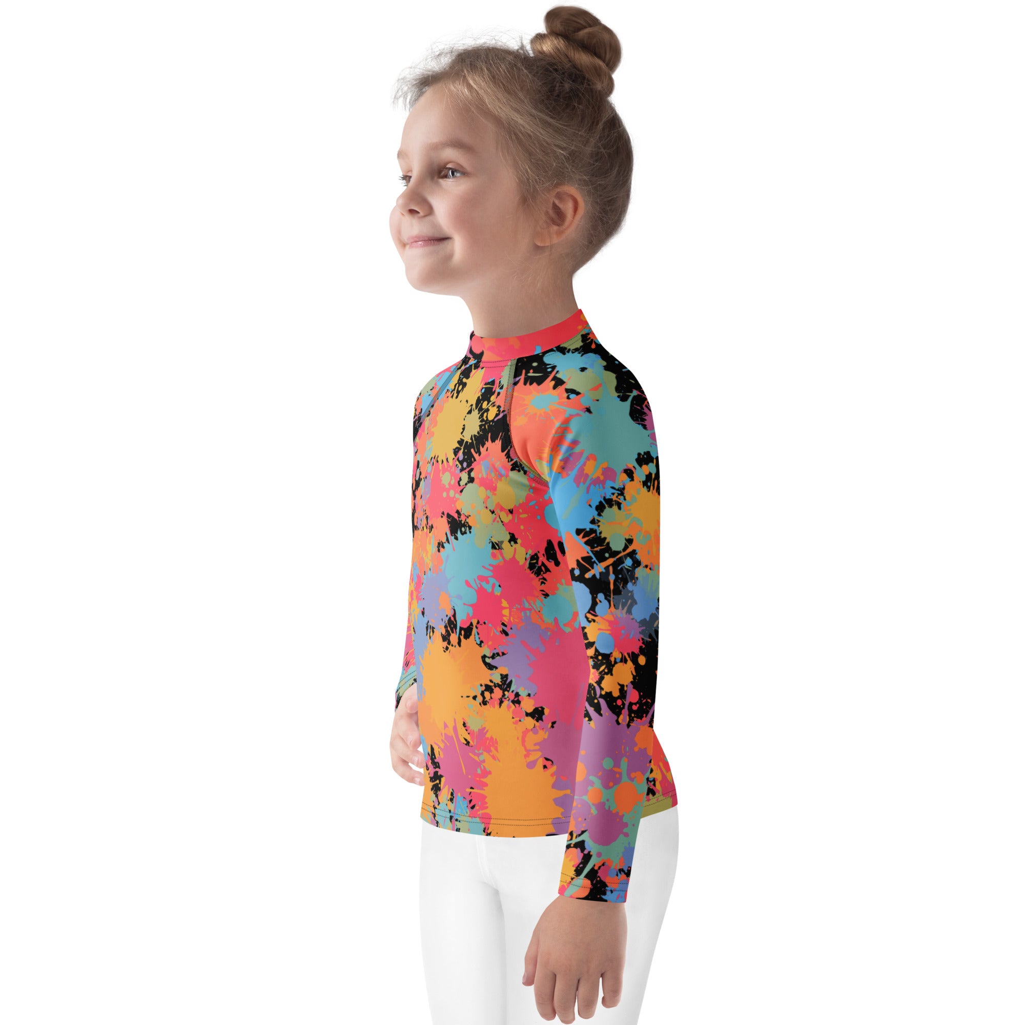 Kids paint splatter long sleeve rash guard swim shirt with UPF 50 plus featuring bright orange pink teal and purple hues
