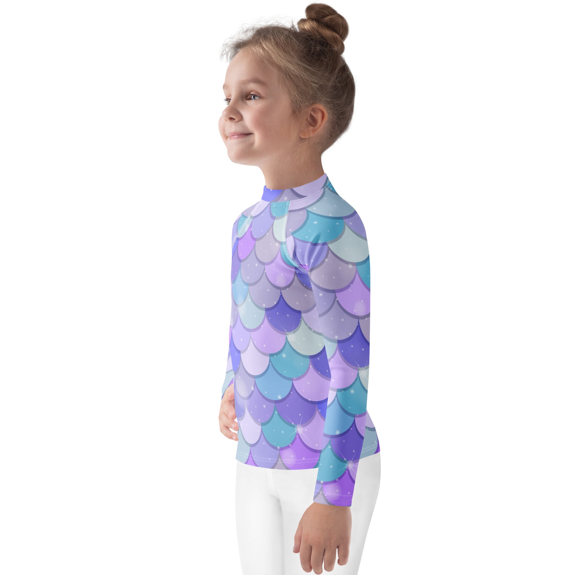 Girls purple long sleeve rash guard swim shirt with vibrant mermaid scale pattern and UPF 50 plus protection