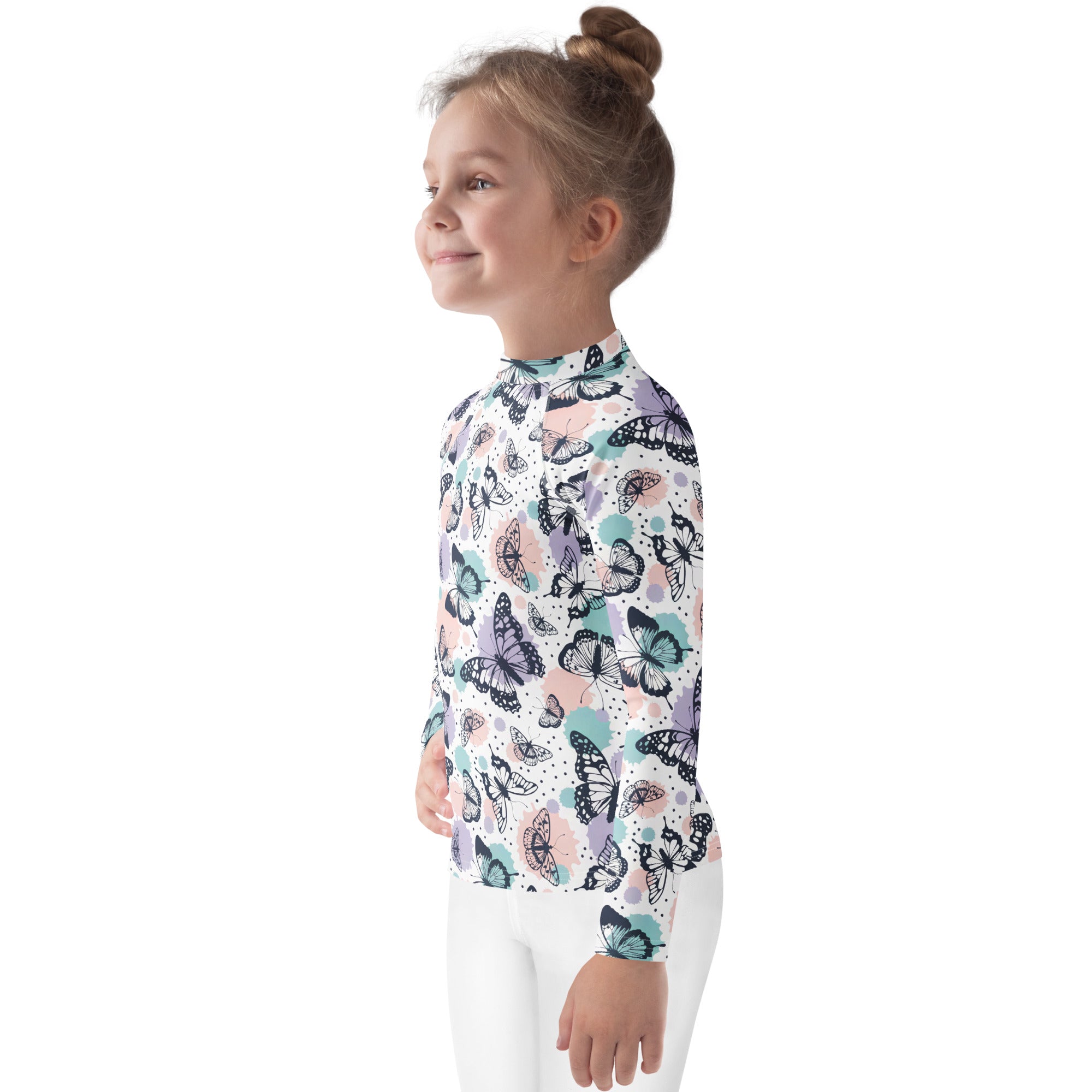 Girls butterfly long sleeve rash guard swim shirt with upf 50+ featuring pastel butterfly pattern on white background