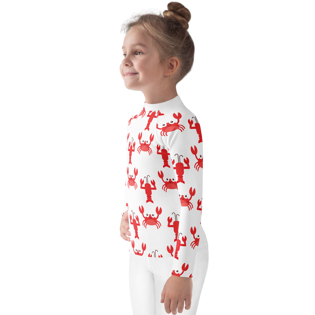 Kids white long sleeve rash guard swim shirt with red cartoon crab pattern and UPF 50 plus sun protection