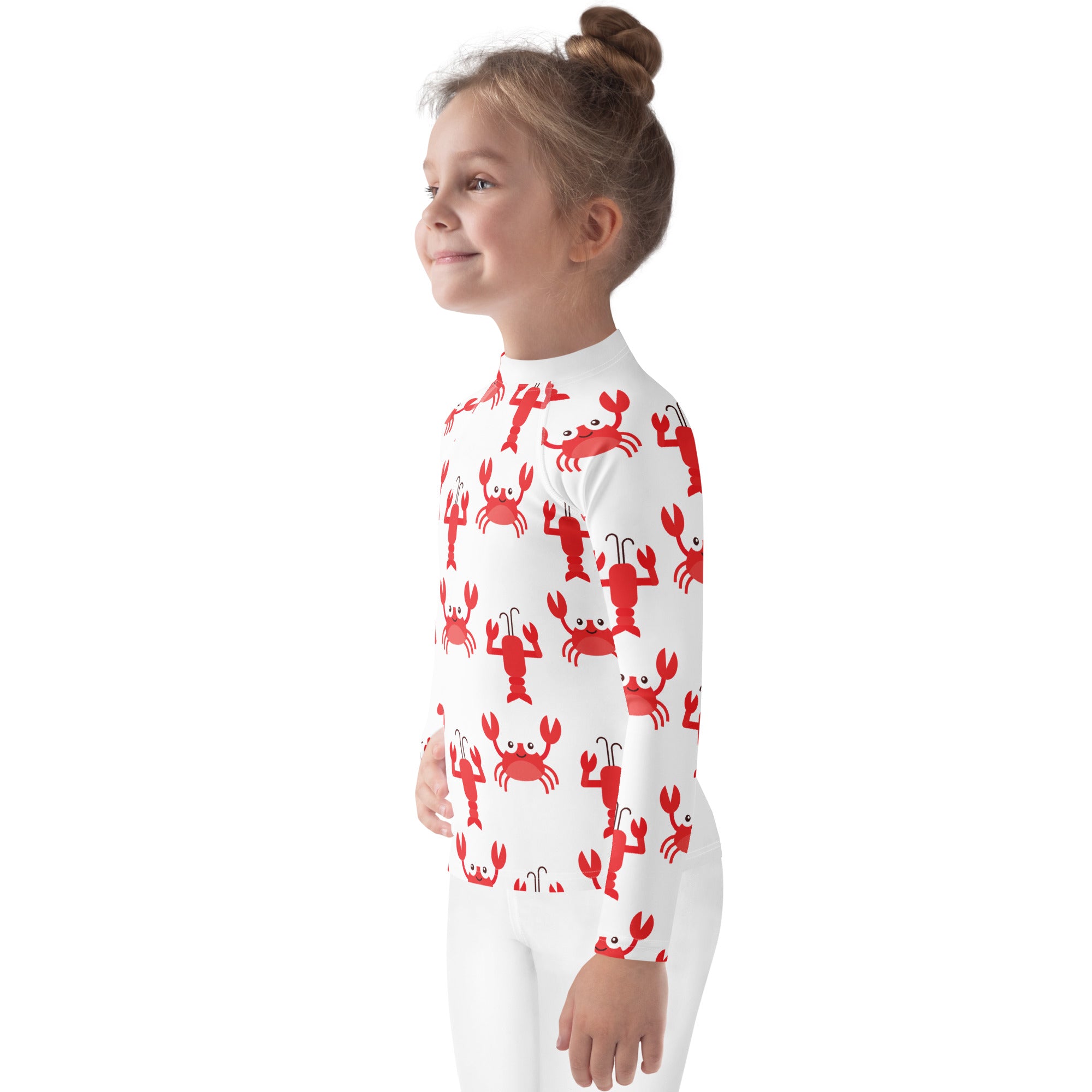 Kids white long sleeve rash guard swim shirt with red cartoon crab pattern and UPF 50 plus sun protection