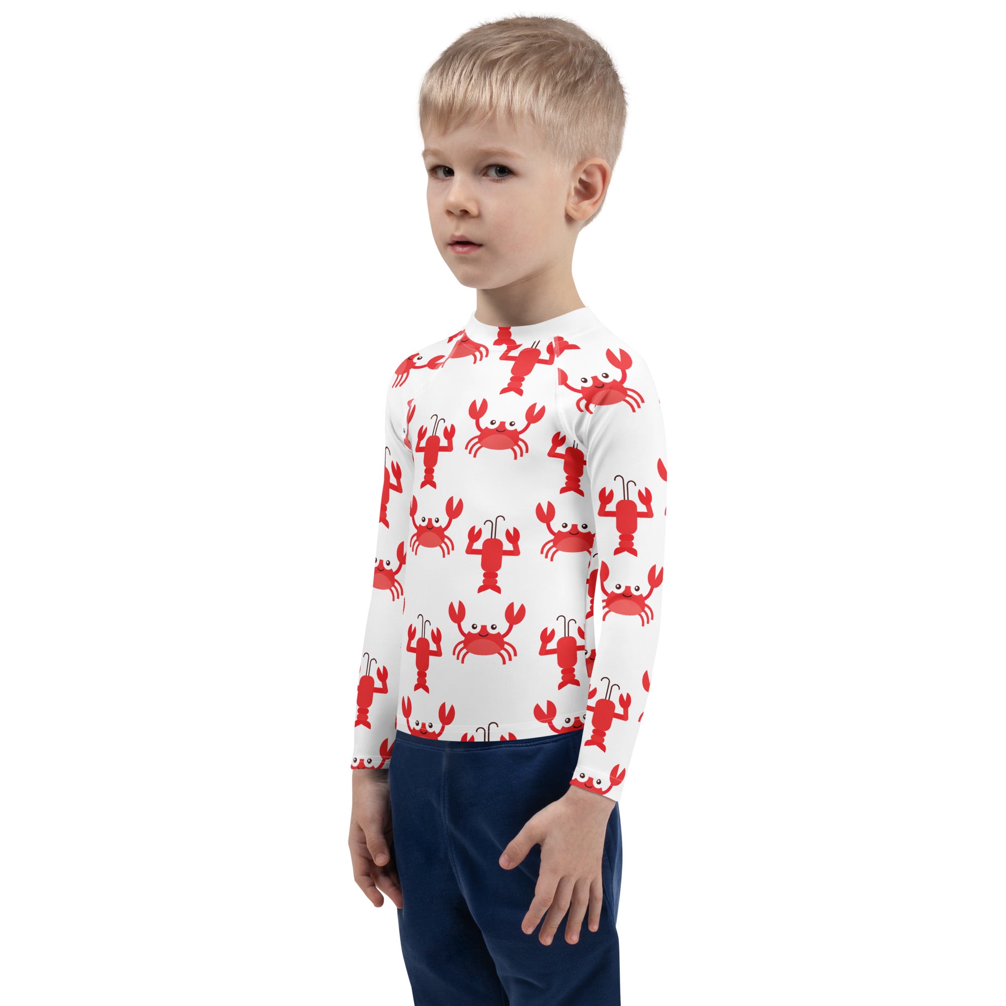 Kids red crab and lobster long sleeve rash guard swim shirt with upf 50 white with red prints front view