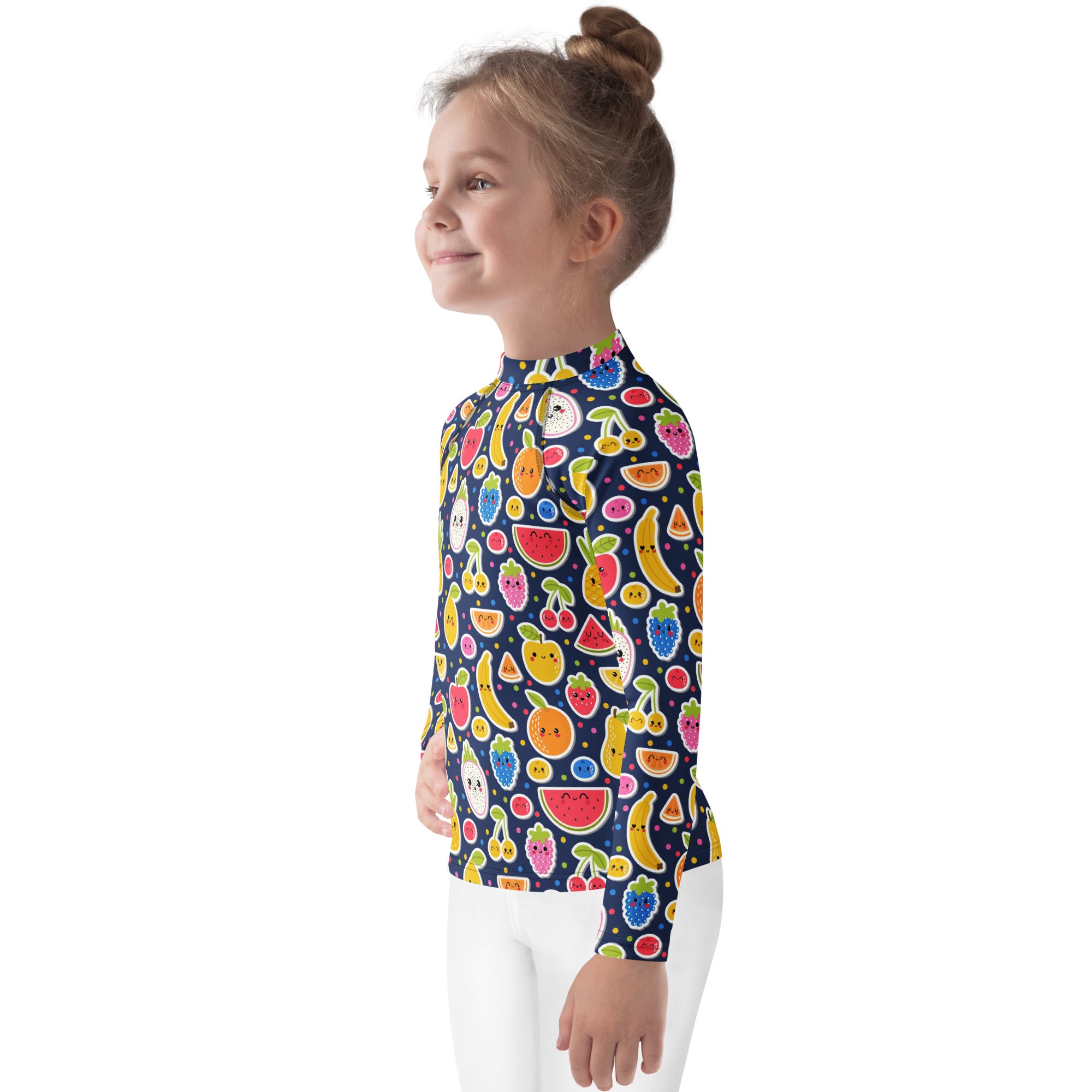 A child wearing a navy blue kids emoji fruit long sleeve rash guard swim shirt with UPF 50 plus protection