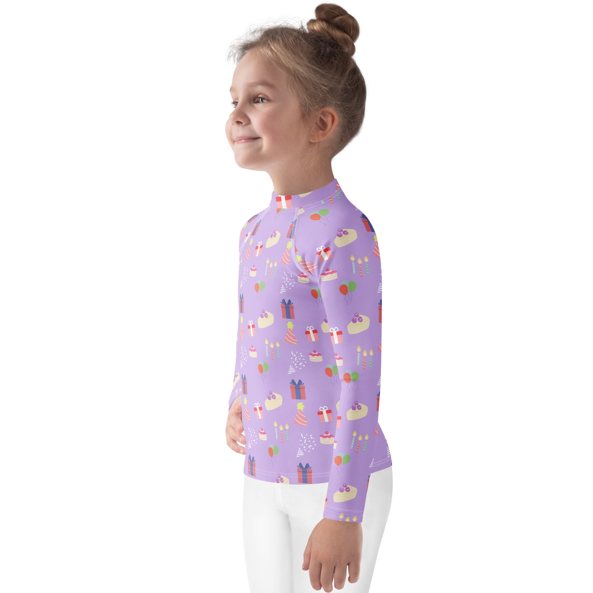 Girls purple birthday pattern long sleeve rash guard swim shirt with upf 50 and playful cupcakes gifts design