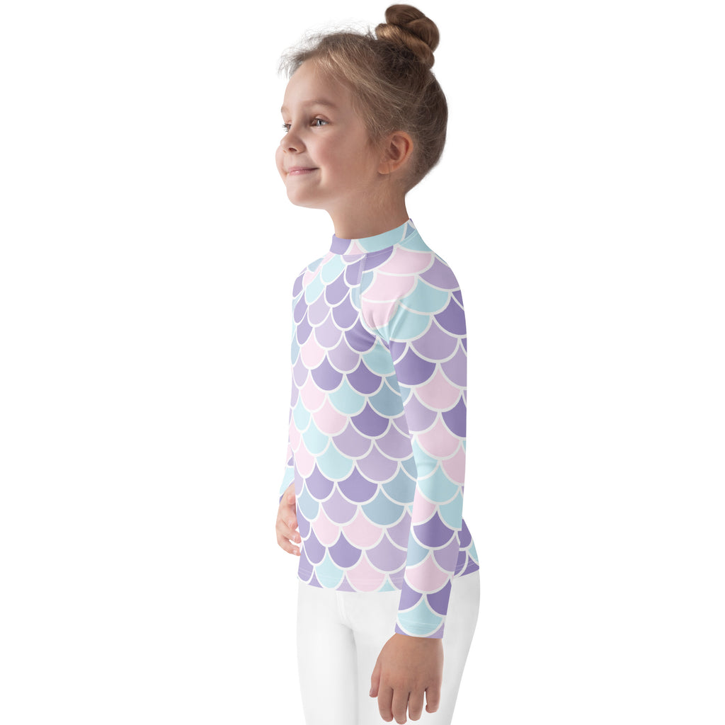 Girls mermaid scale long sleeve rash guard swim shirt in soft pastel lavender mint green and blush pink with upf 50+ protection
