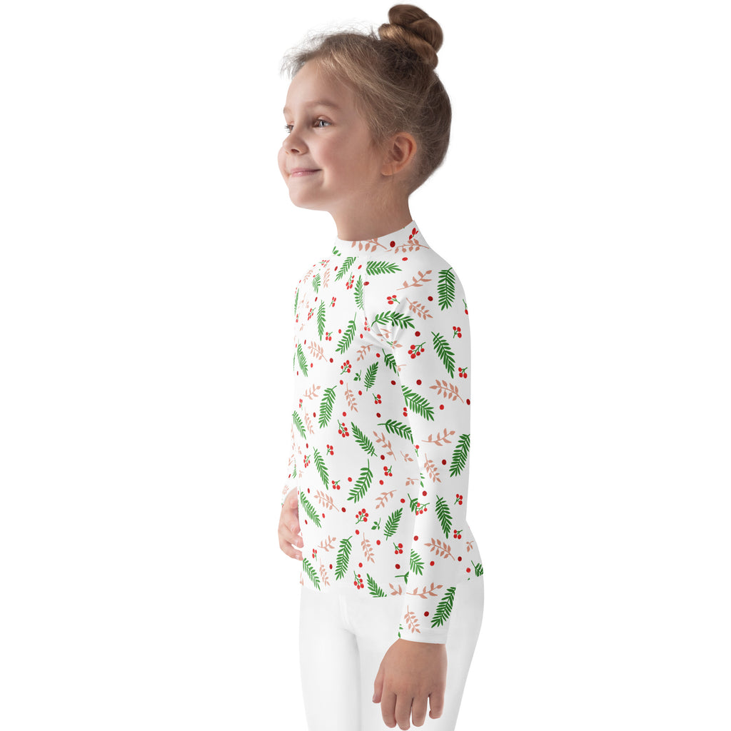 White long-sleeved kids rash guard swim shirt with festive green leaves and red berries pattern and upf 50+ protection