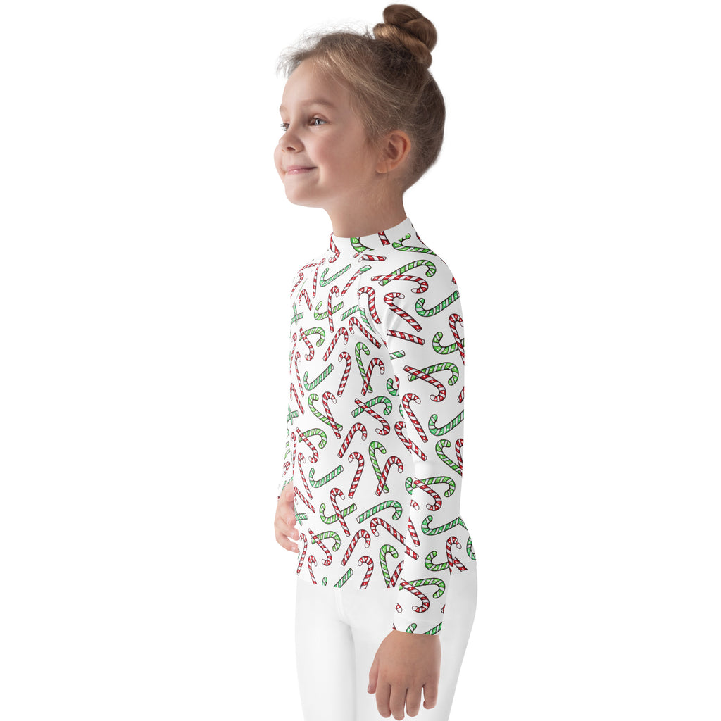 Kids Red & Green Candy Cane Christmas Long Sleeve Rash Guard Swim Shirt With UPF 50+