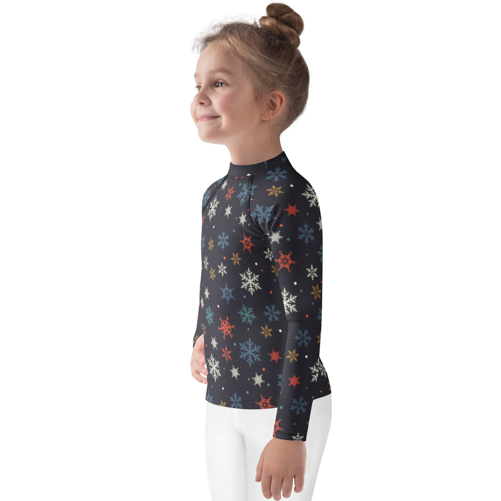 Black kids long sleeve rash guard with colorful snowflake pattern and upf 50 plus protection for swim use