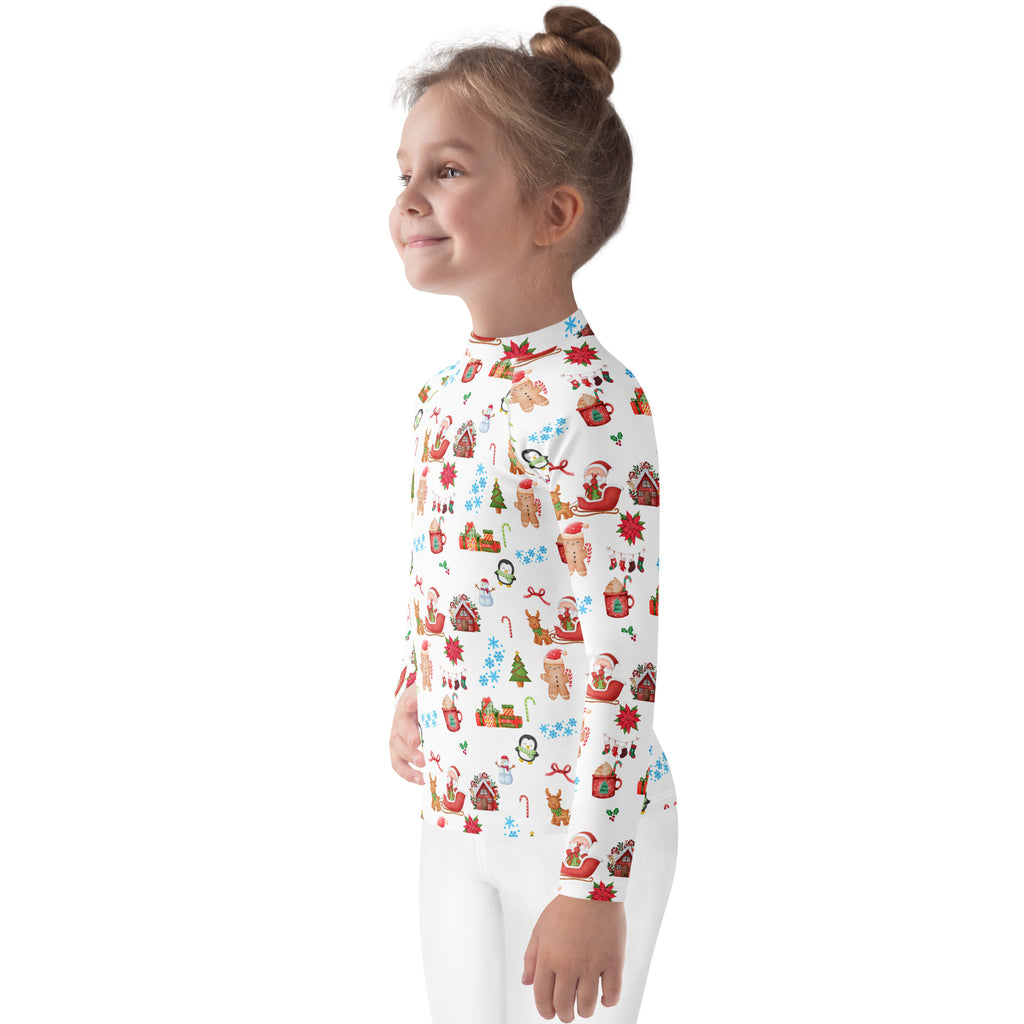 Kids white long sleeve rash guard swim shirt with upf 50 plus featuring red green and brown christmas illustrations