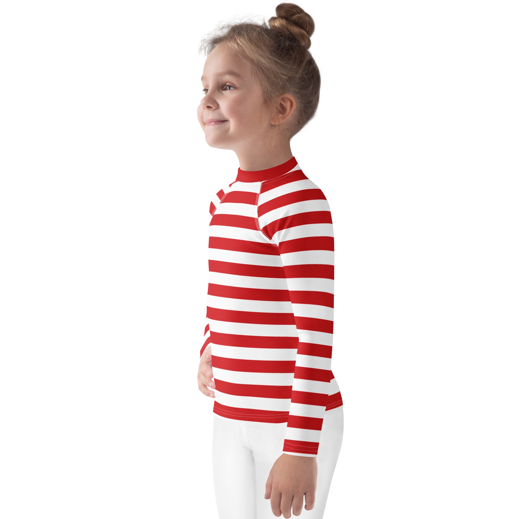 Kids red and white striped long sleeve rash guard swim shirt with upf 50 plus for christmas swim protection