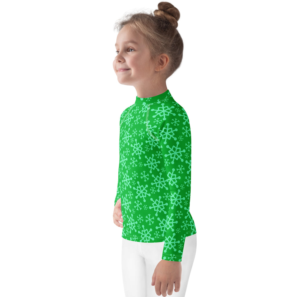 Kids green long sleeve rash guard swim shirt with upf 50 plus and light mint snowflake pattern on high collar
