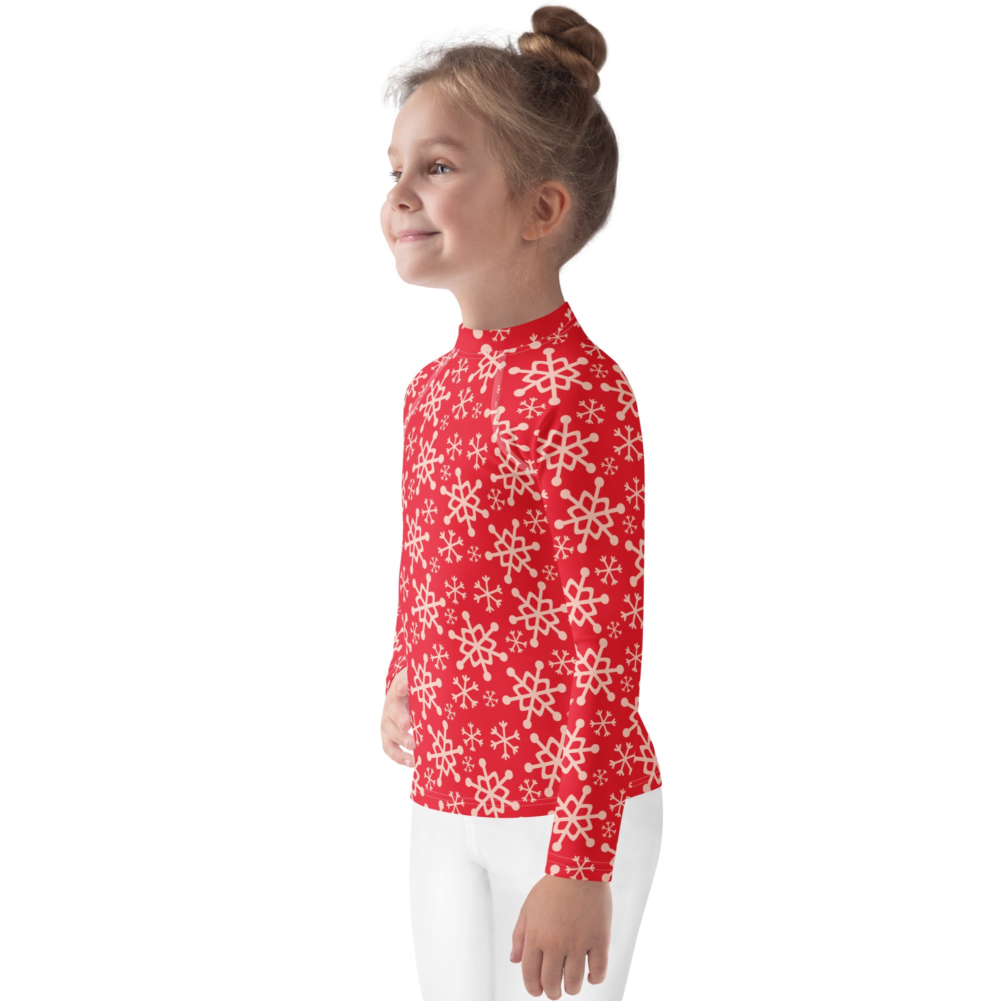 Kids red snowflake long sleeve rash guard swim shirt with upf 50 plus featuring white snowflake pattern