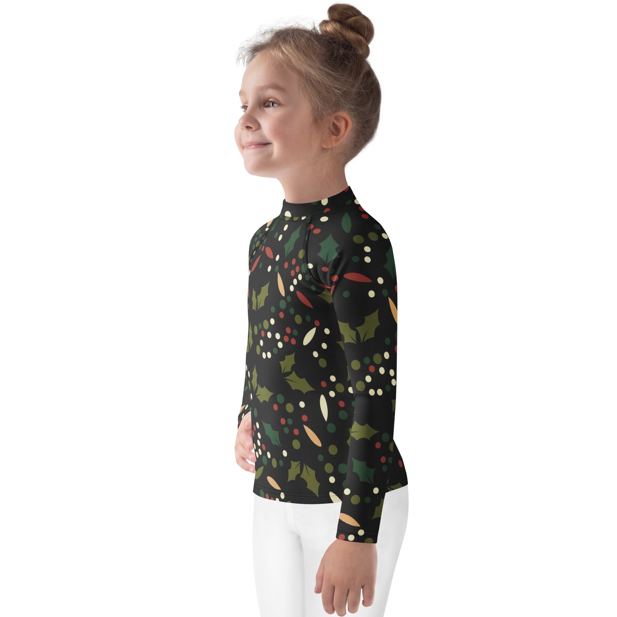 Kids holly christmas long sleeve rash guard swim shirt in black with festive green holly leaves red berries and white dots