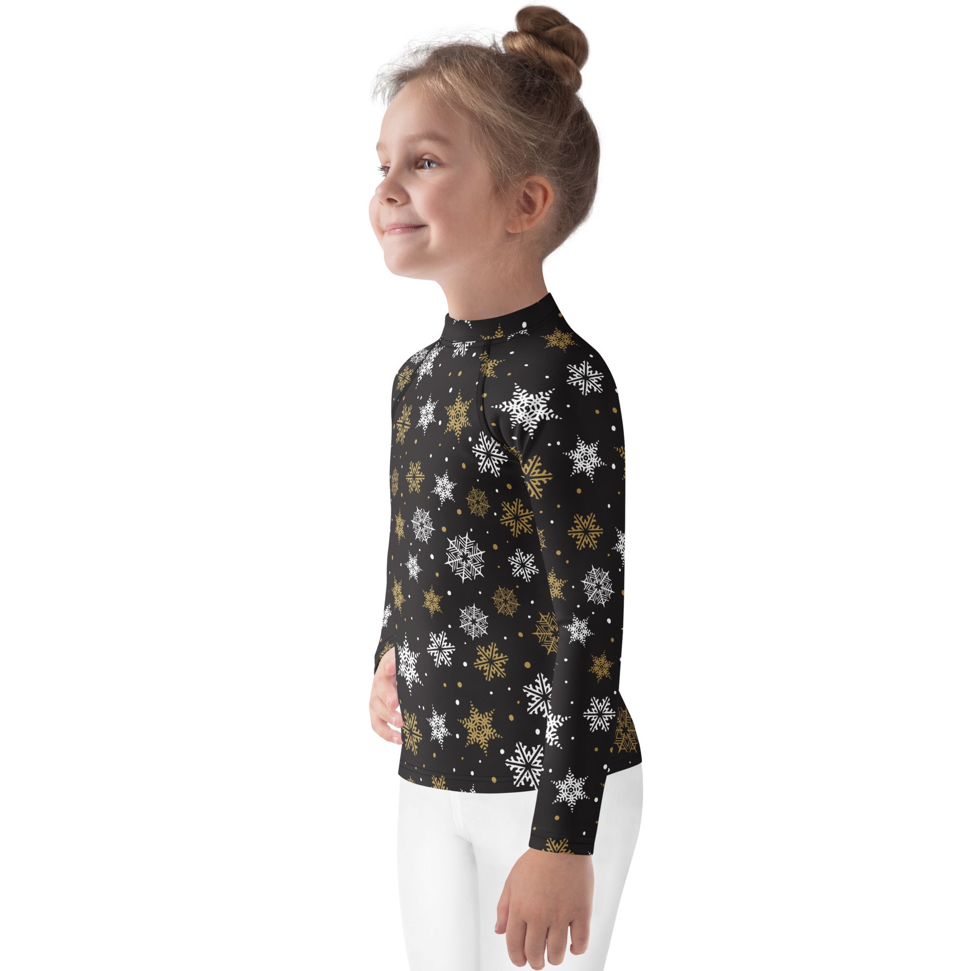 Kids black long sleeve rash guard swim shirt with white and gold snowflakes and upf 50 plus for christmas