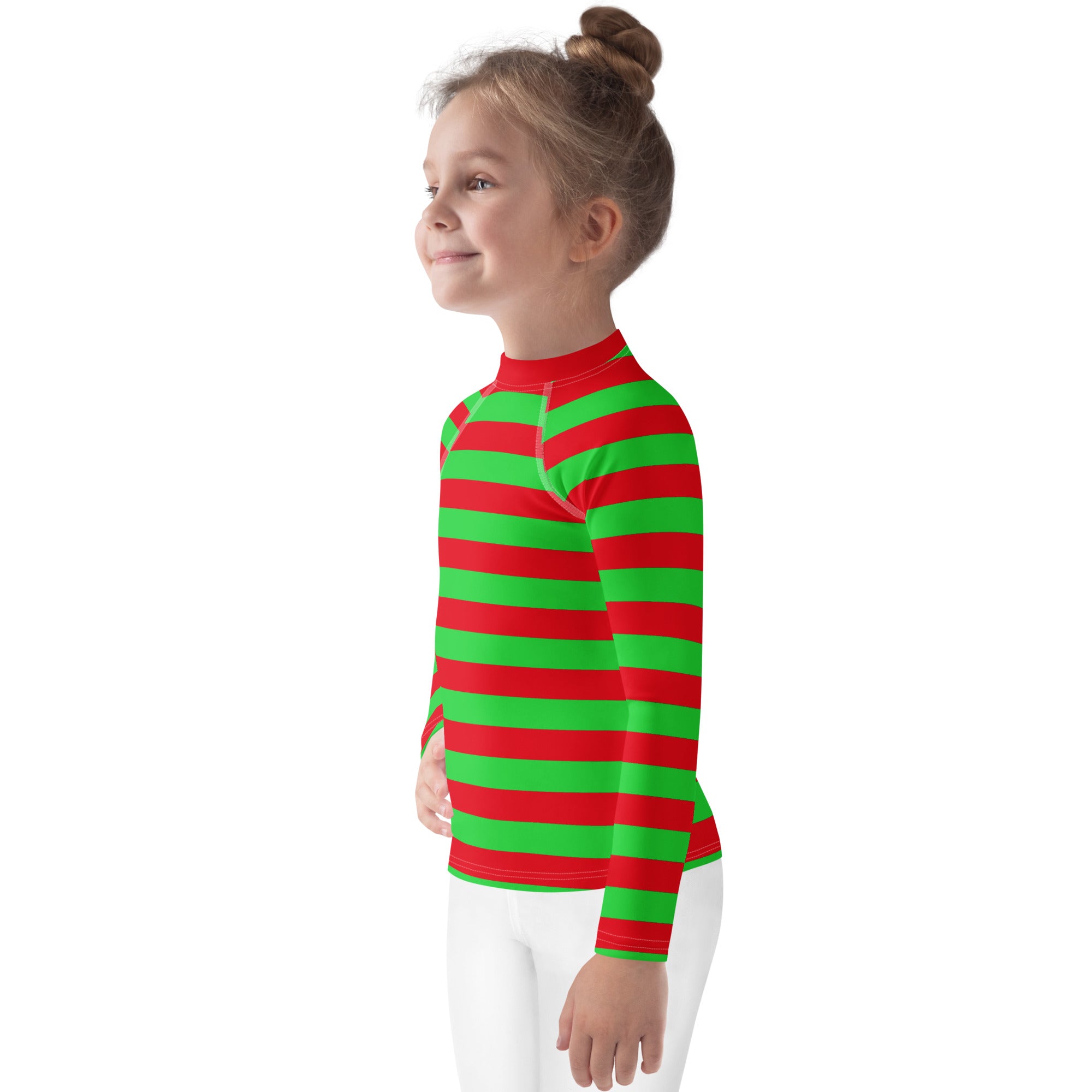 A child wearing a kids red and green striped Christmas long sleeve rash guard swim shirt with UPF 50+ protection