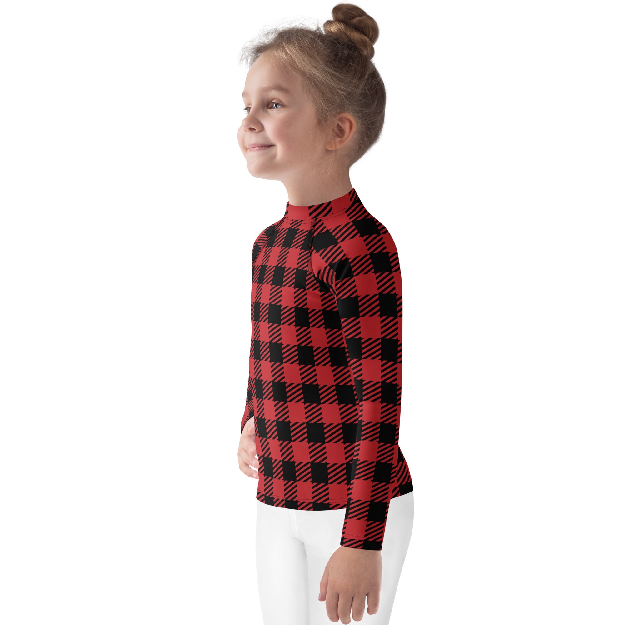 Kids red buffalo plaid long sleeve rash guard swim shirt with upf 50 plus and high collar for sun protection