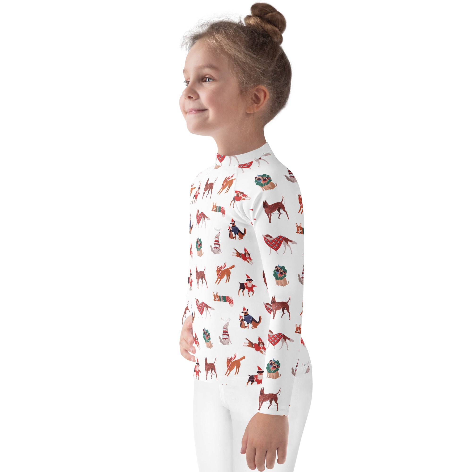 White long-sleeved kids rash guard swim shirt with upf 50 plus featuring festive red and brown dogs pattern