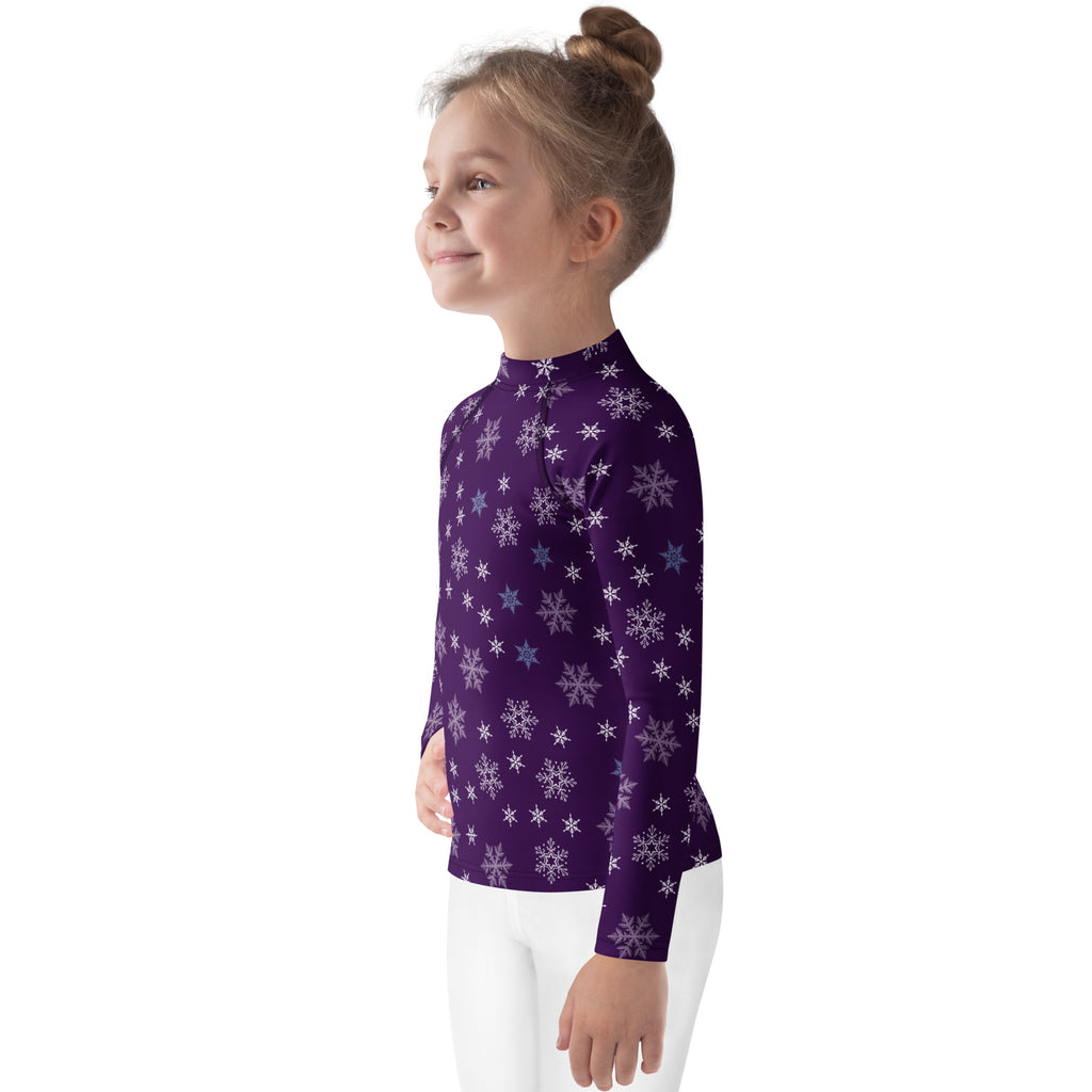 Kids purple snowflake christmas long sleeve rash guard swim shirt with upf 50 high neck and white pattern