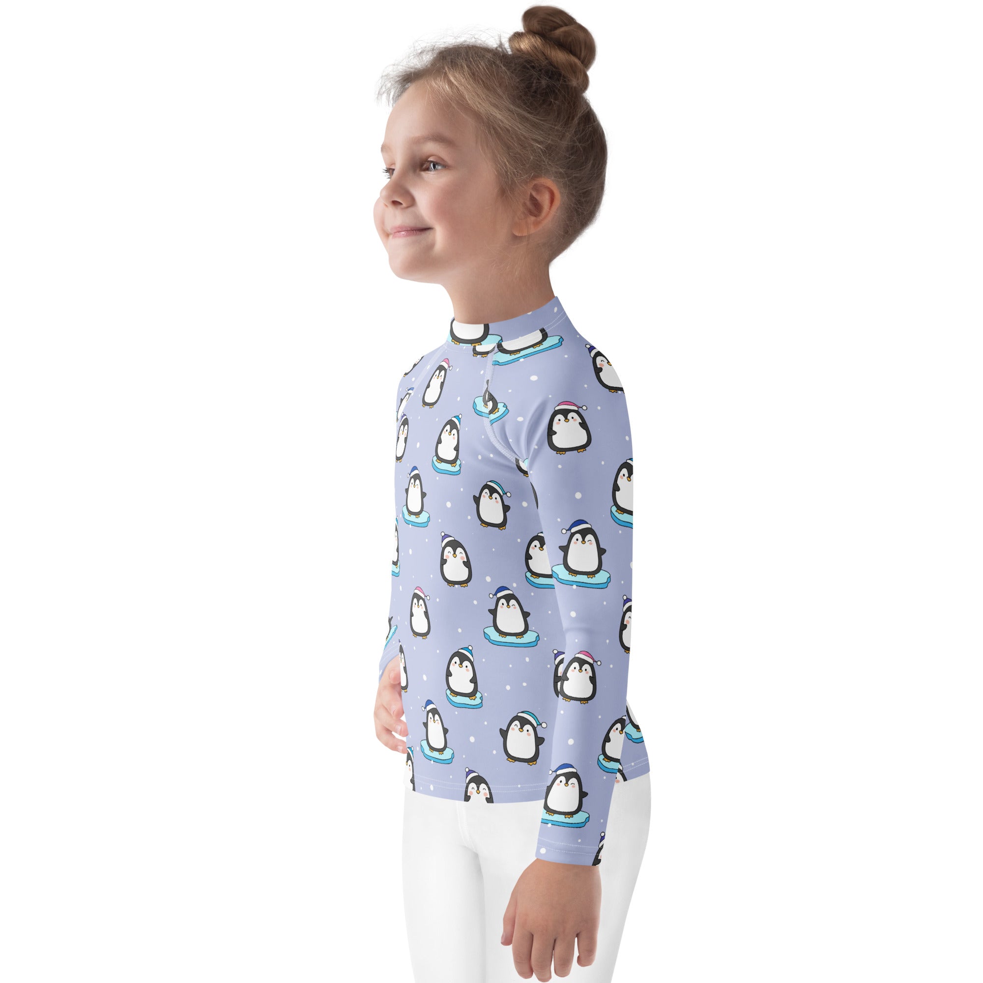 Kids Cute Penguin Christmas Long Sleeve Rash Guard Swim Shirt With UPF 50+