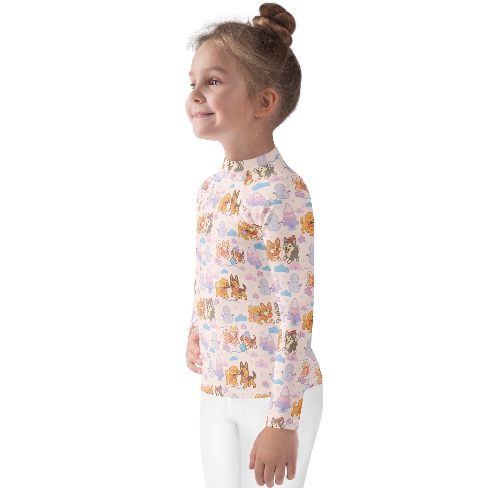 Kids winter dogs stripes long sleeve rash guard swim shirt with upf 50 plus pink with cartoon dogs clouds and snowmen pattern