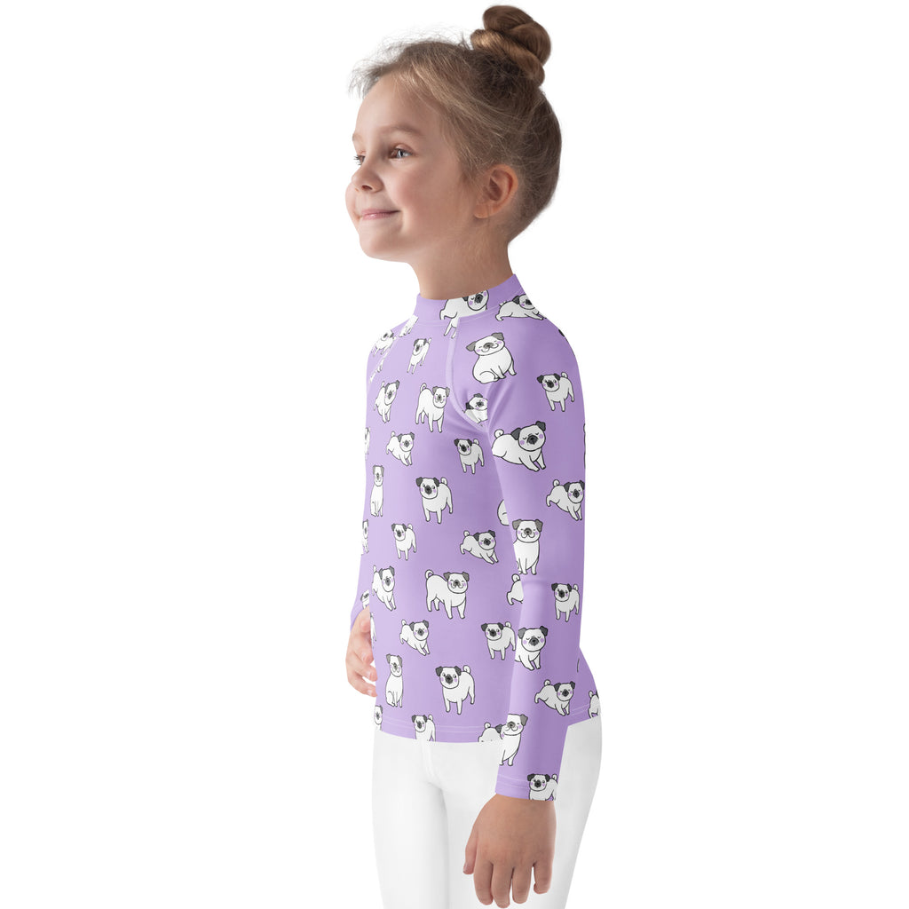 Girls Purple Pug Long Sleeve Rash Guard Swim Shirt – Buttery Soft, Sun Safe UPF 50+ Protection, Quick Dry & 4-Way Stretch Comfort
