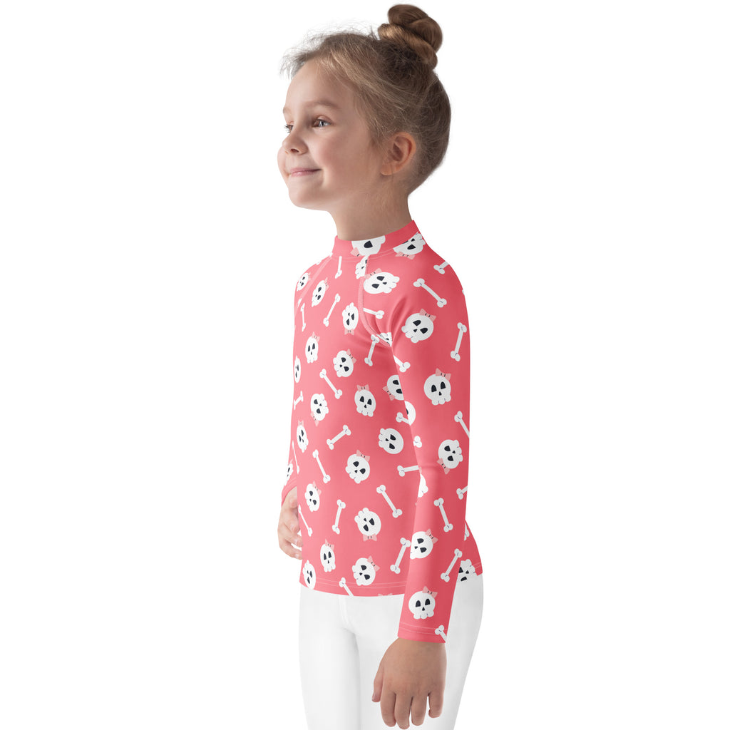 Girls Pink Skulls Halloween Long Sleeve Rash Guard Swim Shirt – Buttery Soft, Sun Safe UPF 50+ Protection, Quick Dry & 4-Way Stretch Comfort