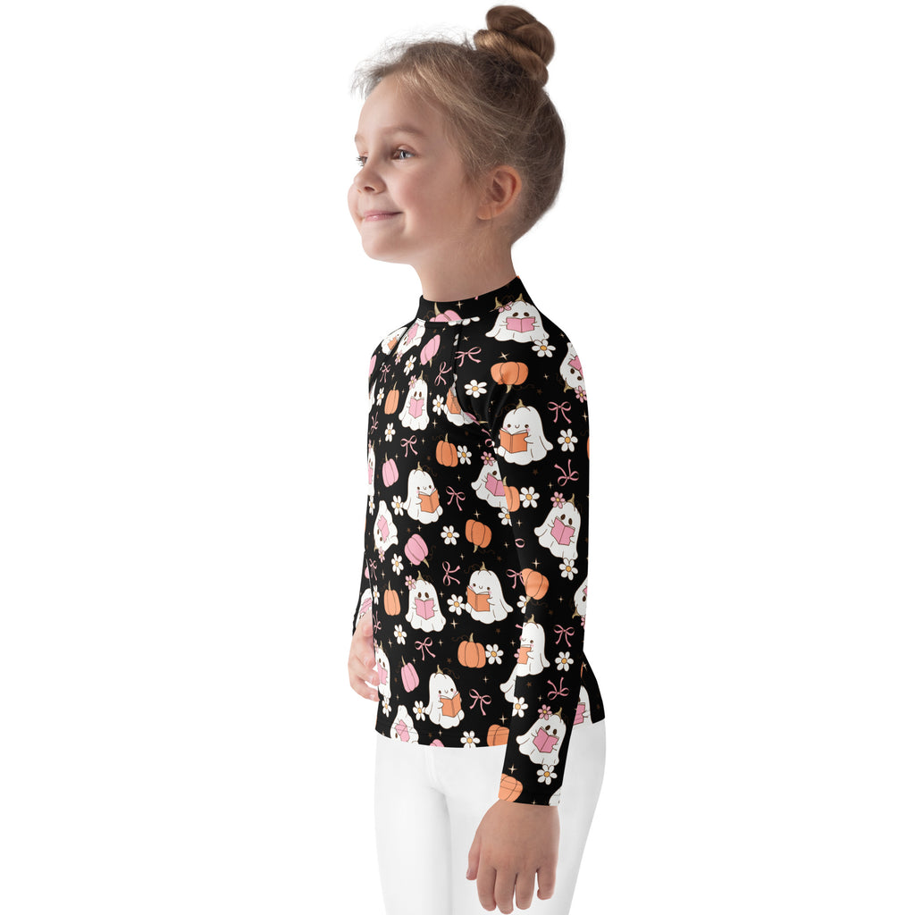 Girls Cute Floral Ghosts and Pumpkins Long Sleeve Rash Guard Swim Shirt – Buttery Soft, Sun Safe UPF 50+ Protection, Quick Dry & 4-Way Stretch Comfort