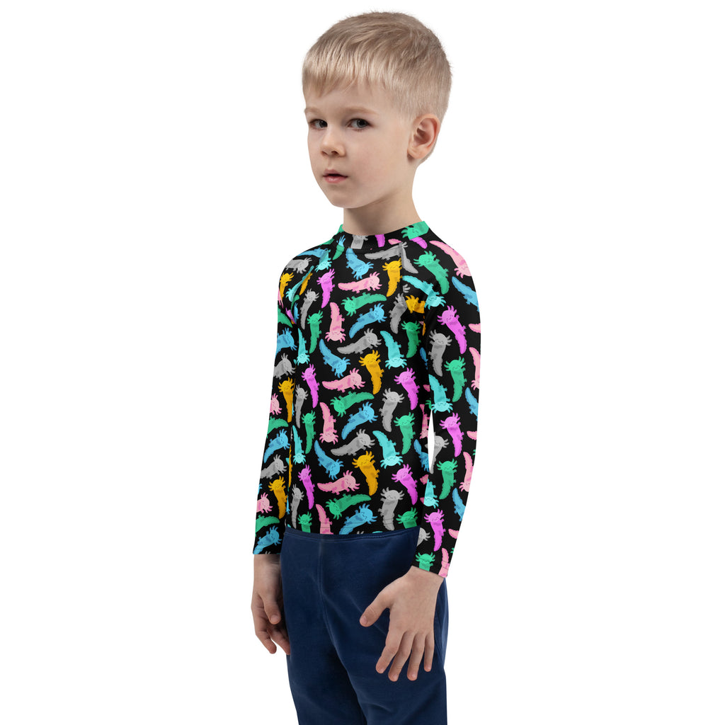 Kids Colorful Axolotl Long Sleeve Rash Guard Swim Shirt – Buttery Soft, Sun Safe UPF 50+ Protection, Quick Dry & 4-Way Stretch Comfort