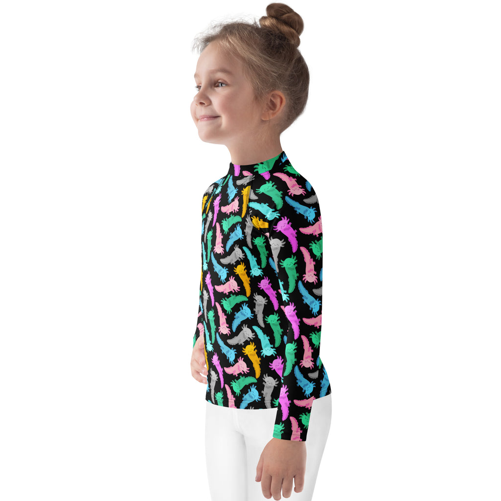 Kids Colorful Axolotl Long Sleeve Rash Guard Swim Shirt – Buttery Soft, Sun Safe UPF 50+ Protection, Quick Dry & 4-Way Stretch Comfort