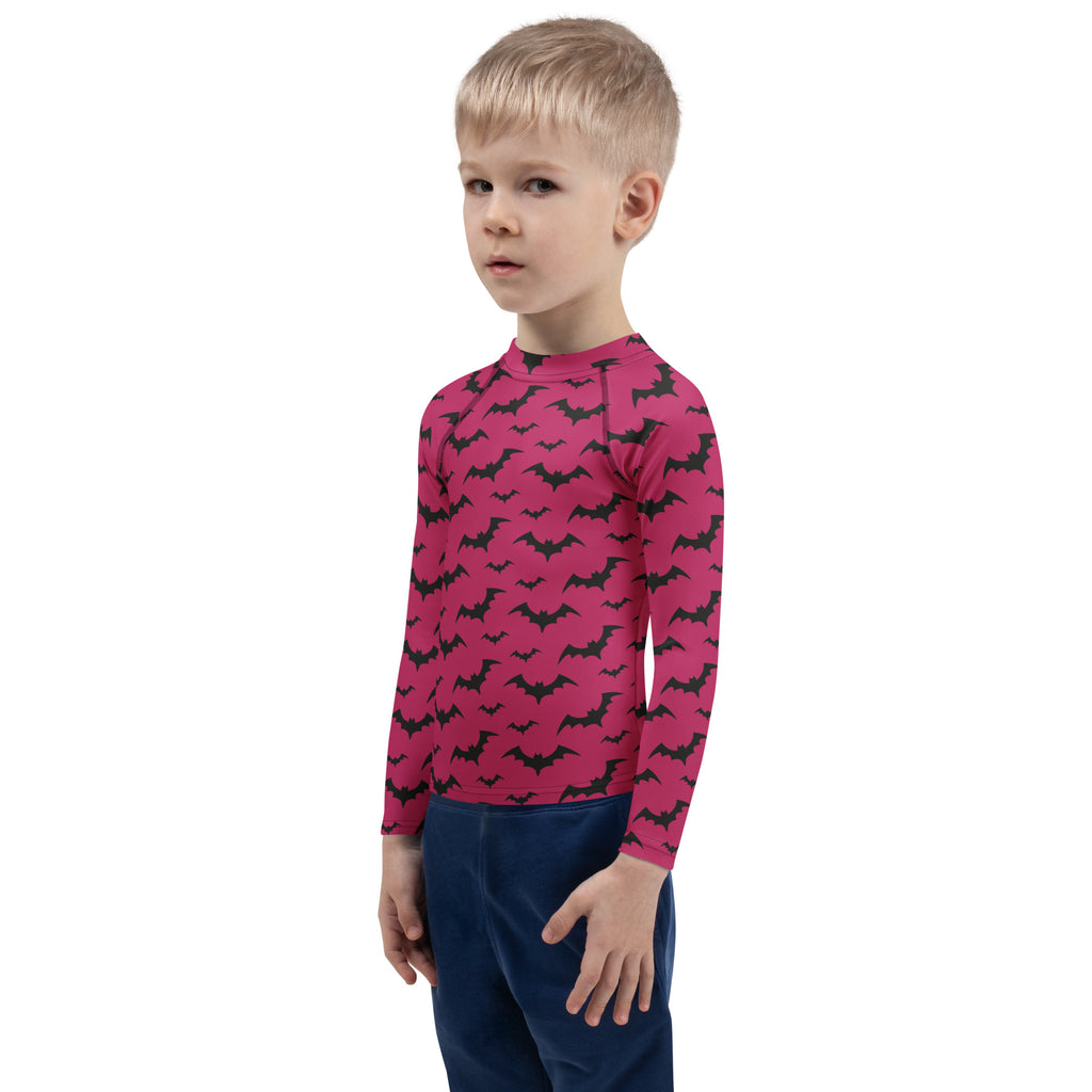 Kids Pink Halloween Bats Long Sleeve Rash Guard Swim Shirt – Buttery Soft, Sun Safe UPF 50+ Protection, Quick Dry & 4-Way Stretch Comfort