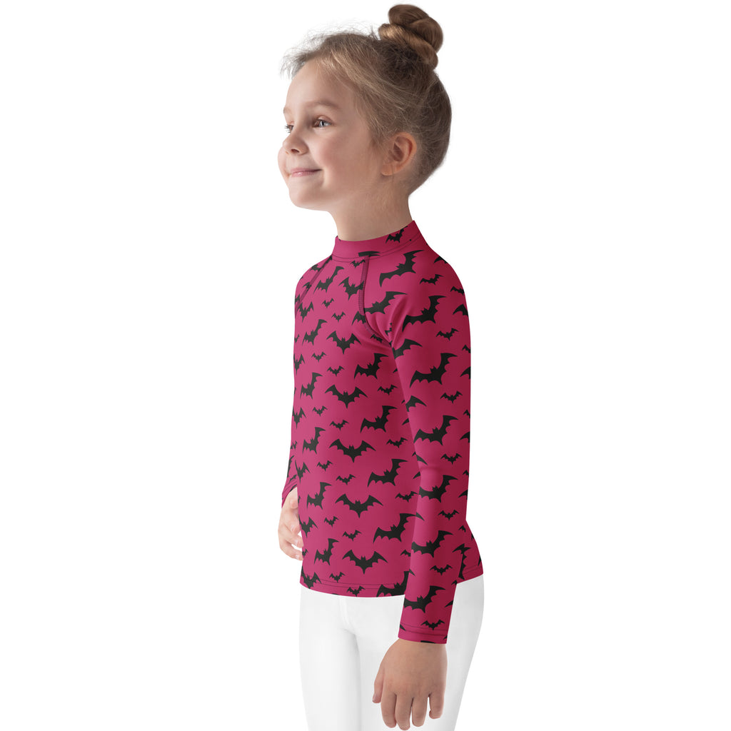 Kids Pink Halloween Bats Long Sleeve Rash Guard Swim Shirt – Buttery Soft, Sun Safe UPF 50+ Protection, Quick Dry & 4-Way Stretch Comfort