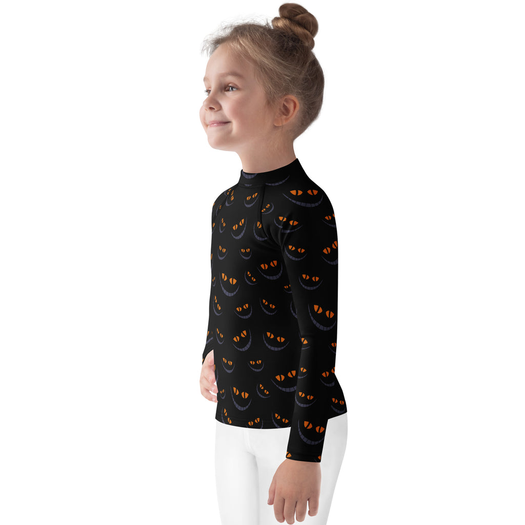 Girls Creepy Cat Smile Halloween Long Sleeve Rash Guard Swim Shirt – Buttery Soft, Sun Safe UPF 50+ Protection, Quick Dry & 4-Way Stretch Comfort