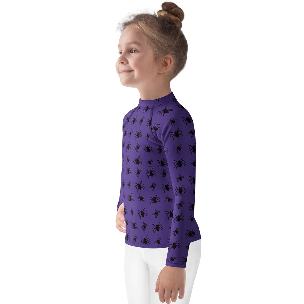 Kids Purple Halloween Spiders Long Sleeve Rash Guard Swim Shirt – Buttery Soft, Sun Safe UPF 50+ Protection, Quick Dry & 4-Way Stretch Comfort