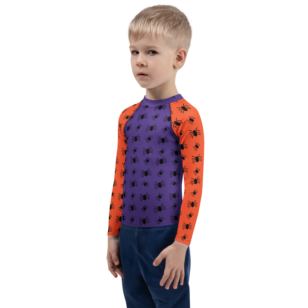 Kids Halloween Spiders Long Sleeve Rash Guard Swim Shirt – Buttery Soft, Sun Safe UPF 50+ Protection, Quick Dry & 4-Way Stretch Comfort