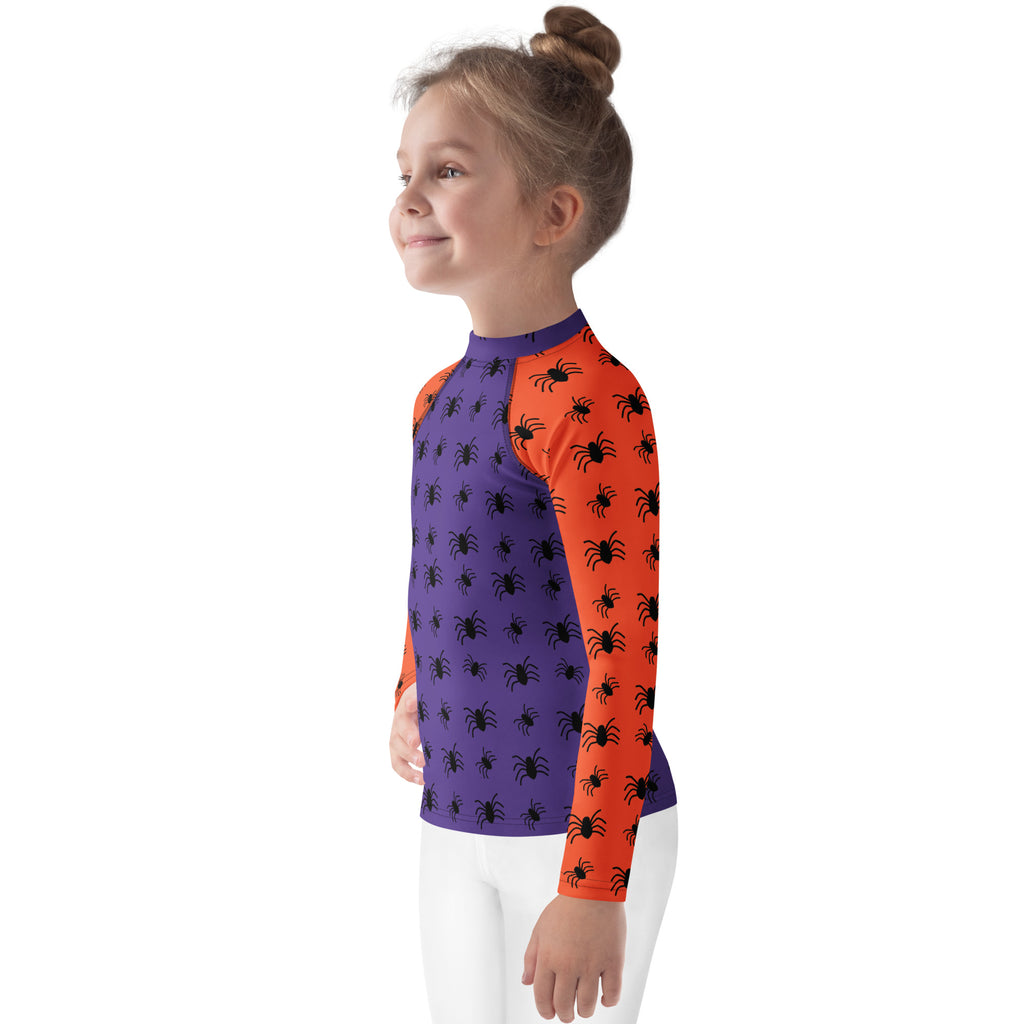 Kids Halloween Spiders Long Sleeve Rash Guard Swim Shirt – Buttery Soft, Sun Safe UPF 50+ Protection, Quick Dry & 4-Way Stretch Comfort