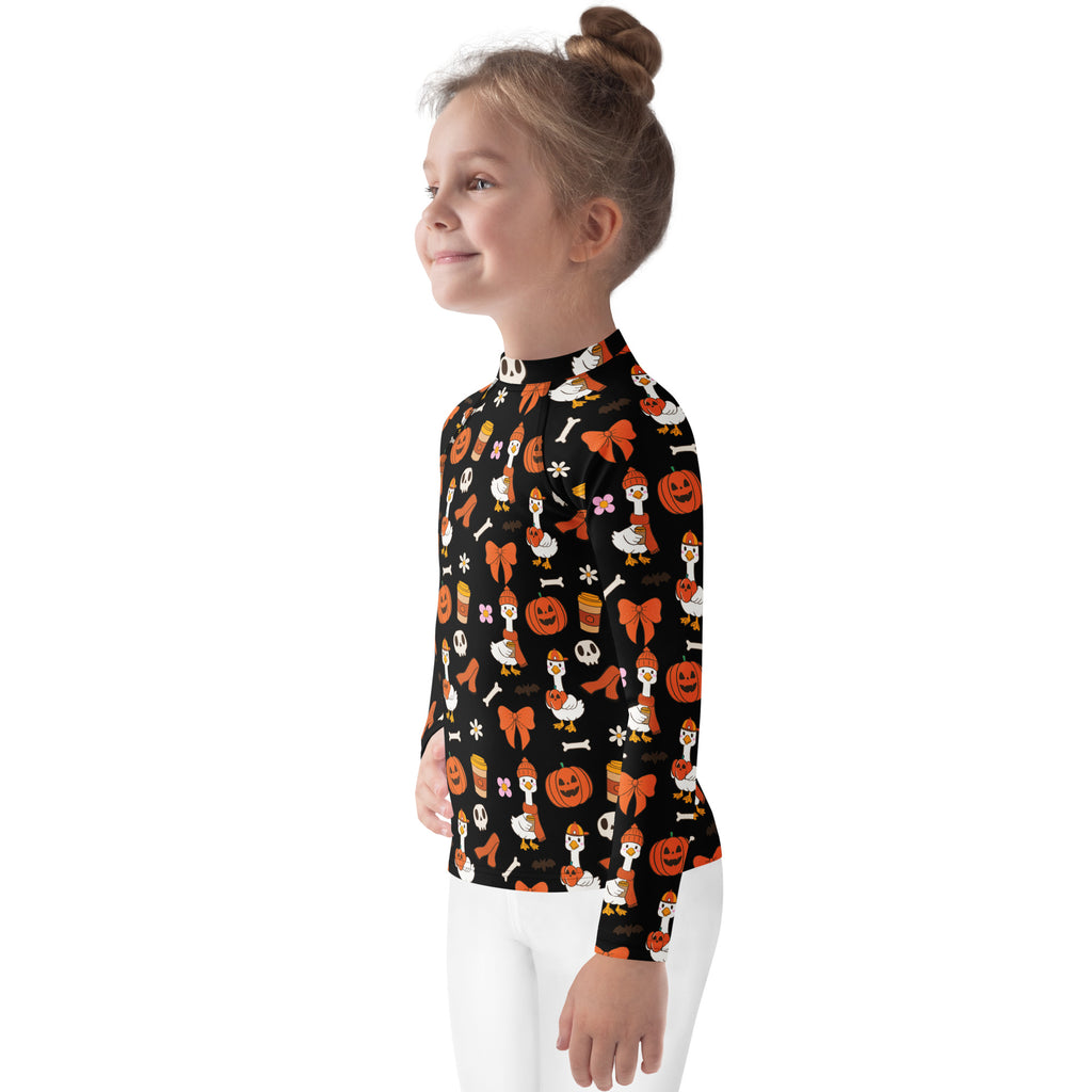 Girls Cute Halloween Goose Long Sleeve Rash Guard Swim Shirt – Buttery Soft, Sun Safe UPF 50+ Protection, Quick Dry & 4-Way Stretch Comfort