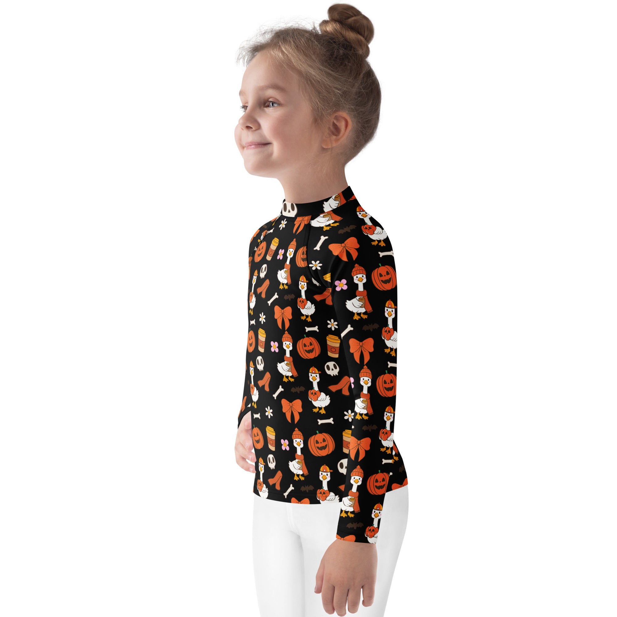Girls Cute Halloween Goose Long Sleeve Rash Guard Swim Shirt – Buttery Soft, Sun Safe UPF 50+ Protection, Quick Dry & 4-Way Stretch Comfort