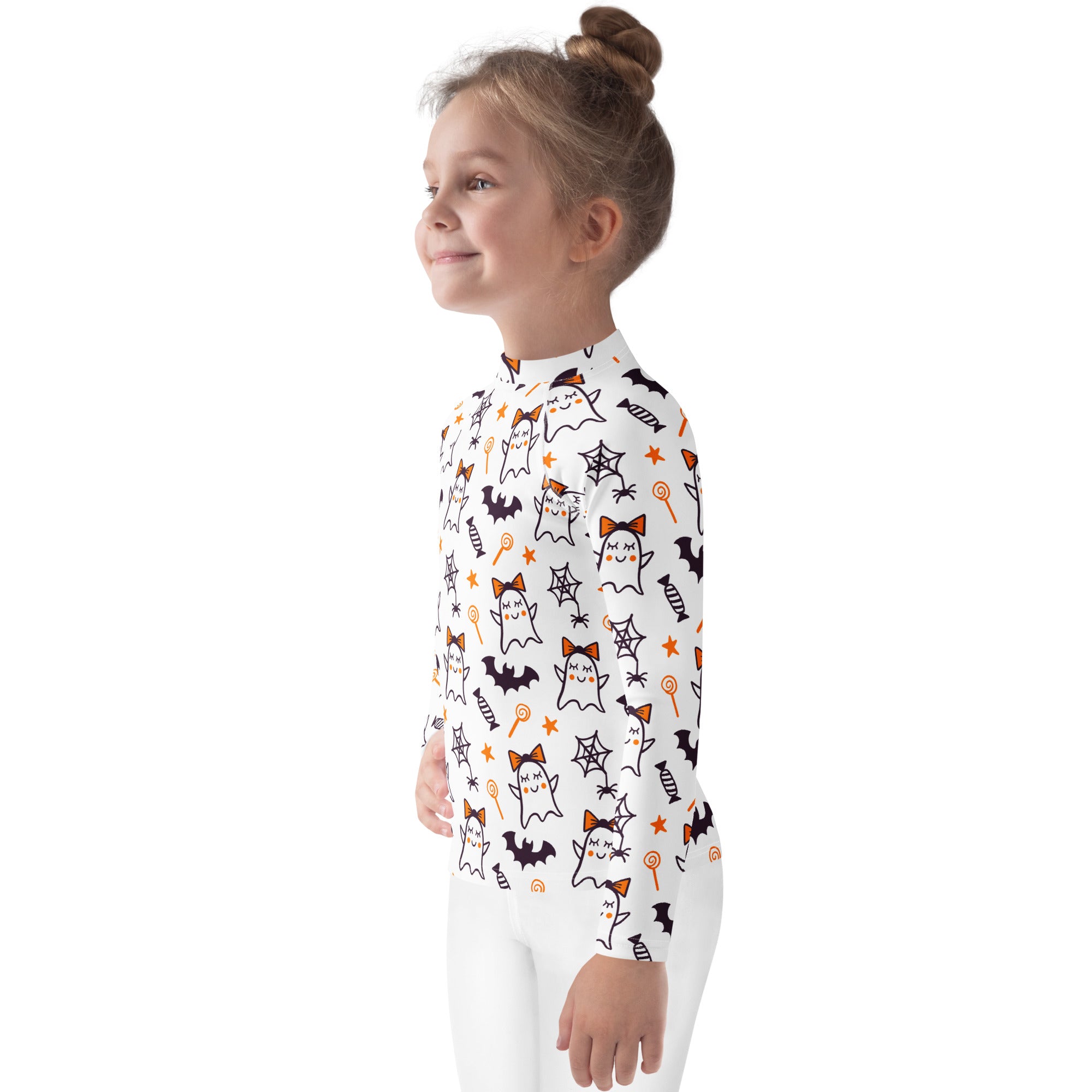 Girls Cute Ghosts With Bows Long Sleeve Rash Guard Swim Shirt – Buttery Soft, Sun Safe UPF 50+ Protection, Quick Dry & 4-Way Stretch Comfort