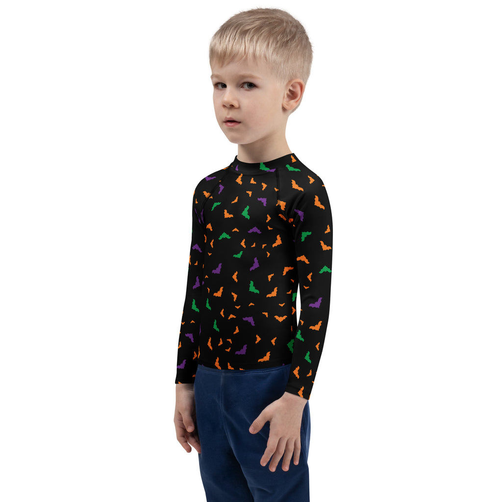 Kids Colorful Halloween Bats Long Sleeve Rash Guard Swim Shirt – Buttery Soft, Sun Safe UPF 50+ Protection, Quick Dry & 4-Way Stretch Comfort