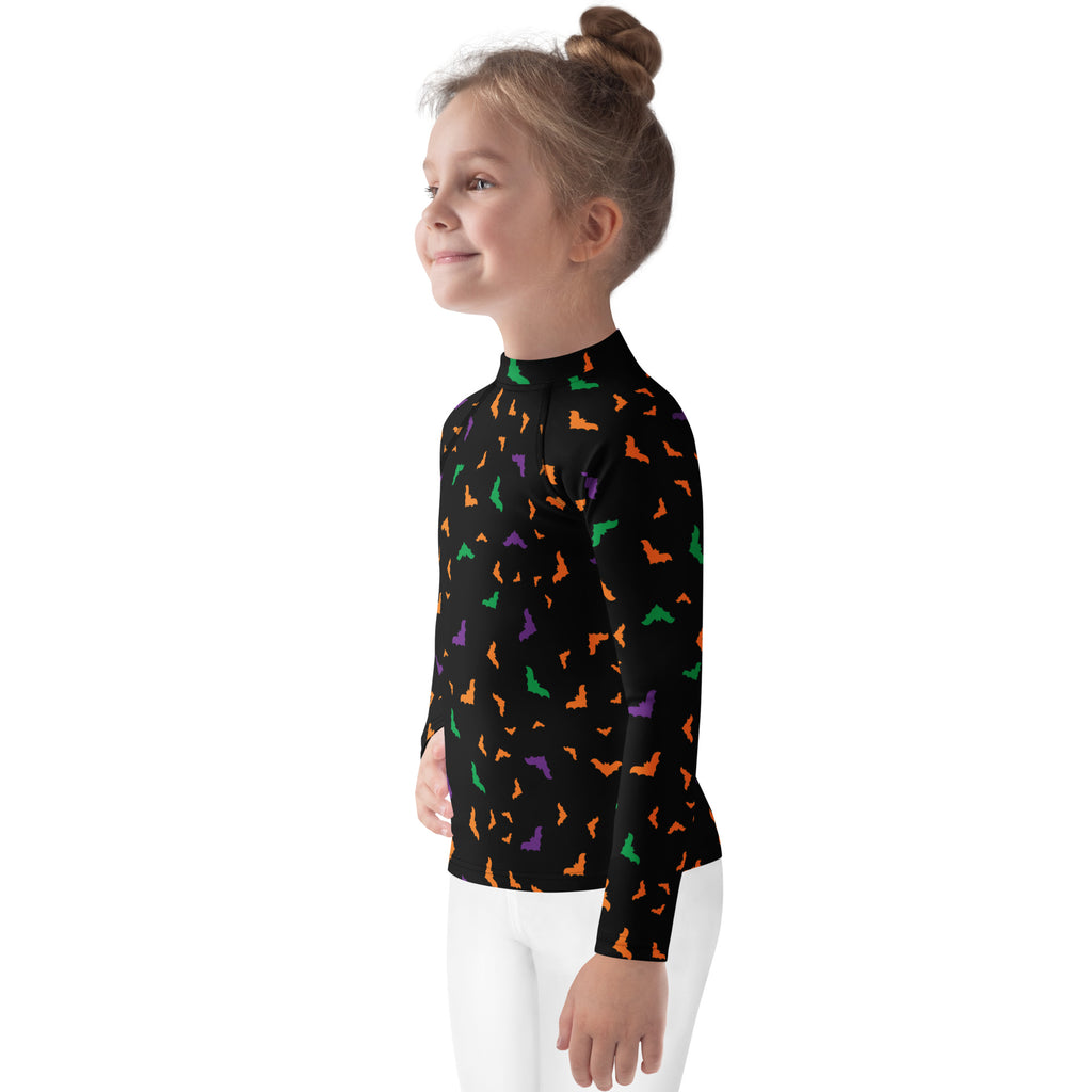 Kids Colorful Halloween Bats Long Sleeve Rash Guard Swim Shirt – Buttery Soft, Sun Safe UPF 50+ Protection, Quick Dry & 4-Way Stretch Comfort