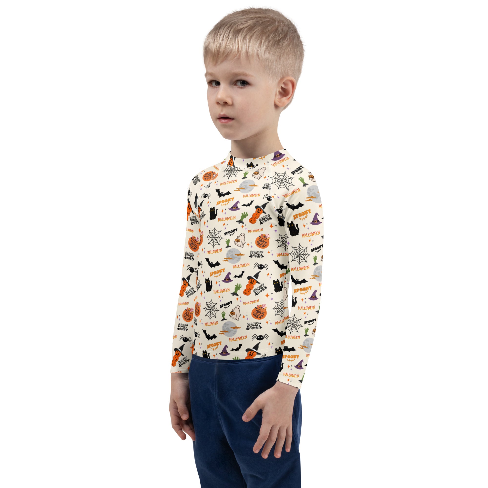 Kids Halloween Icons Long Sleeve Rash Guard Swim Shirt – Buttery Soft, Sun Safe UPF 50+ Protection, Quick Dry & 4-Way Stretch Comfort