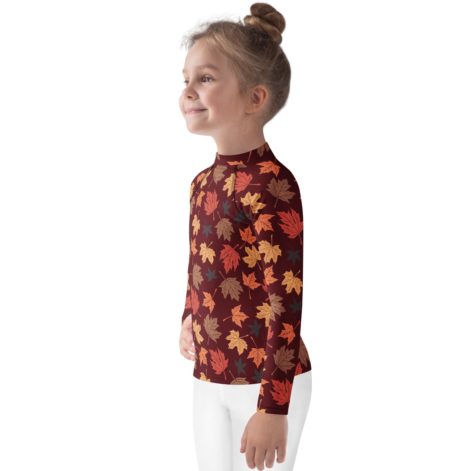 Kids Autumn Maple Leaves Long Sleeve Rash Guard Swim Shirt – Buttery Soft, Sun Safe UPF 50+ Protection, Quick Dry & 4-Way Stretch Comfort
