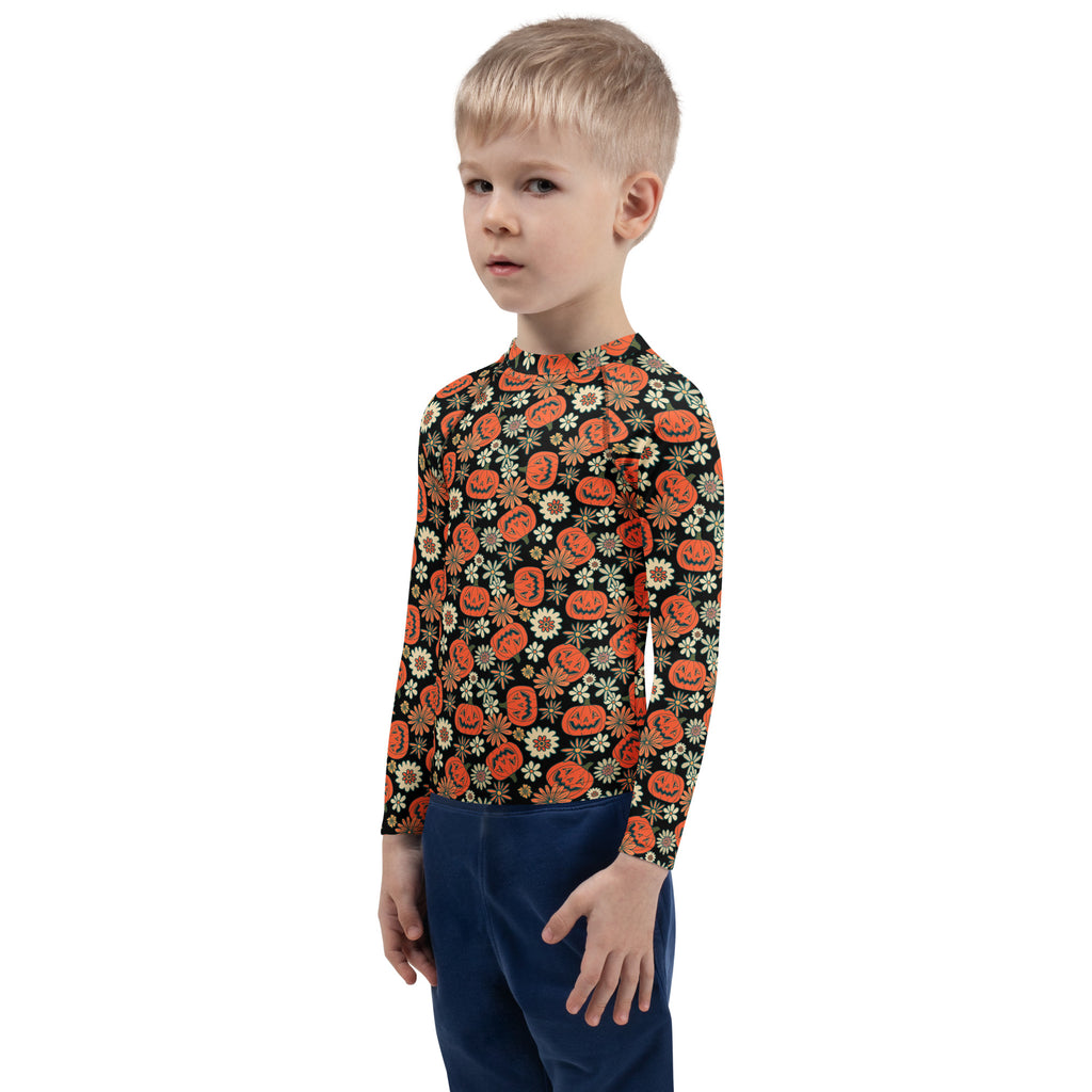 Kids Vintage Halloween Pumpkin Floral Long Sleeve Rash Guard Swim Shirt – Buttery Soft, Sun Safe UPF 50+ Protection, Quick Dry & 4-Way Stretch Comfort